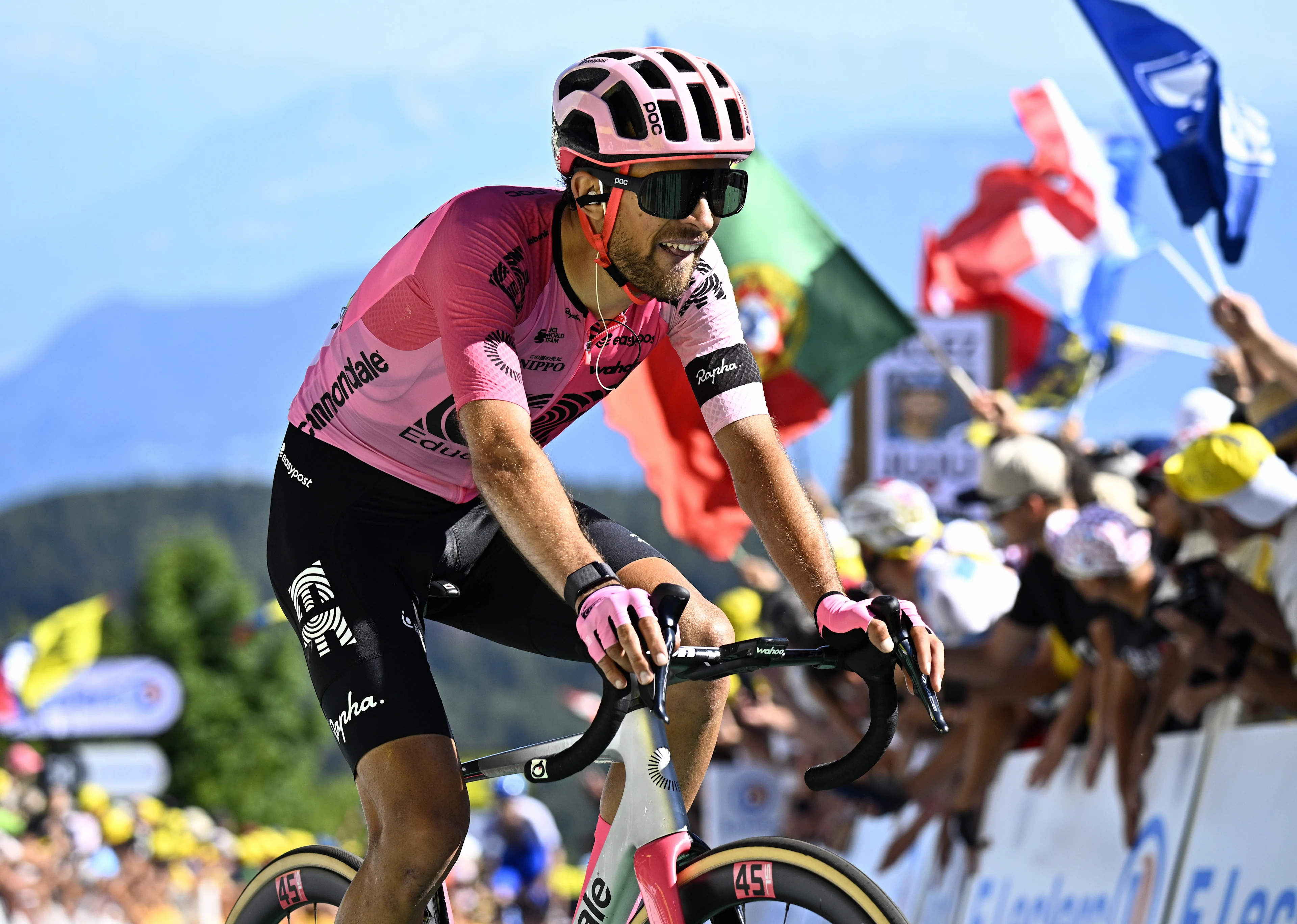 British James Shaw of EF Education-EasyPost crosses the finish line of stage 13 of the Tour de France cycling race, from Chatillon-sur-Chalaronne to Grand Colombier (137,8 km), France, Friday 14 July 2023. This year's Tour de France takes place from 01 to 23 July 2023. BELGA PHOTO JASPER JACOBS