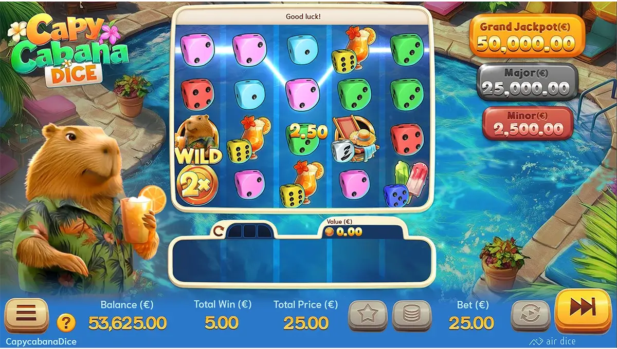 Screenshot of Capy Cabana by Air Dice showing a winning payline on this tropical-themed online slot game.
