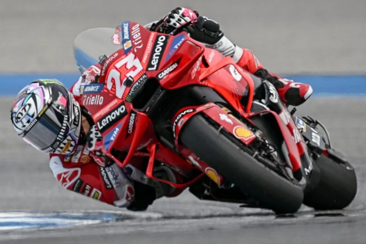 Ducati Lenovo Team's Italian rider Enea Bastianini drives during the second free practice session ahead of the MotoGP Thailand Grand Prix at the Buriram International Circuit in Buriram on October 26, 2024.  Lillian SUWANRUMPHA / AFP