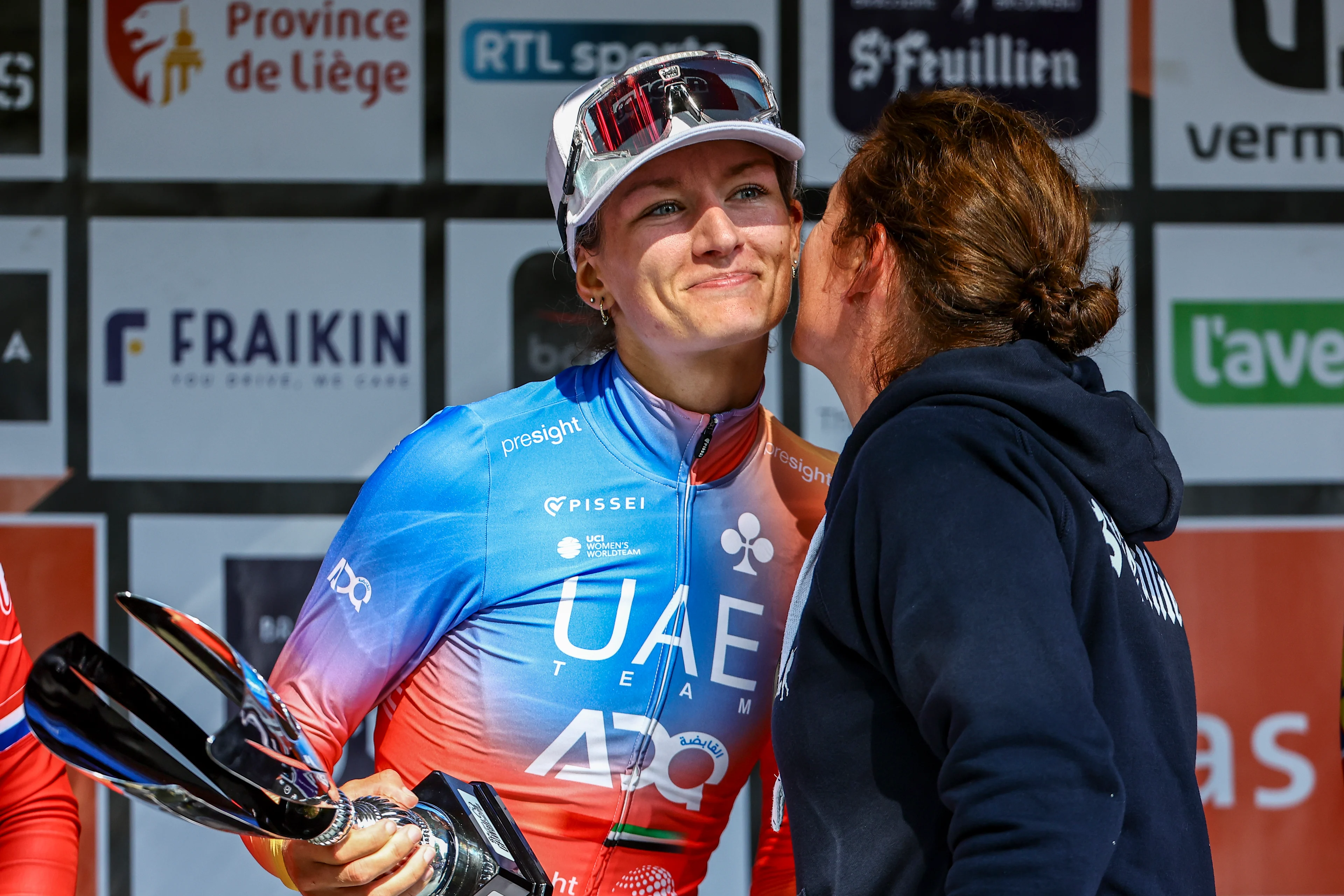 Dutch Karlijn Swinkels of UAE Team ADQ pictured on the podium after winning the one day cycling race Grand Prix de Wallonie 2024 (139,3 km), from Blegny to the Citadelle de Namur, in Namur, on Wednesday 18 September 2024. BELGA PHOTO DAVID PINTENS