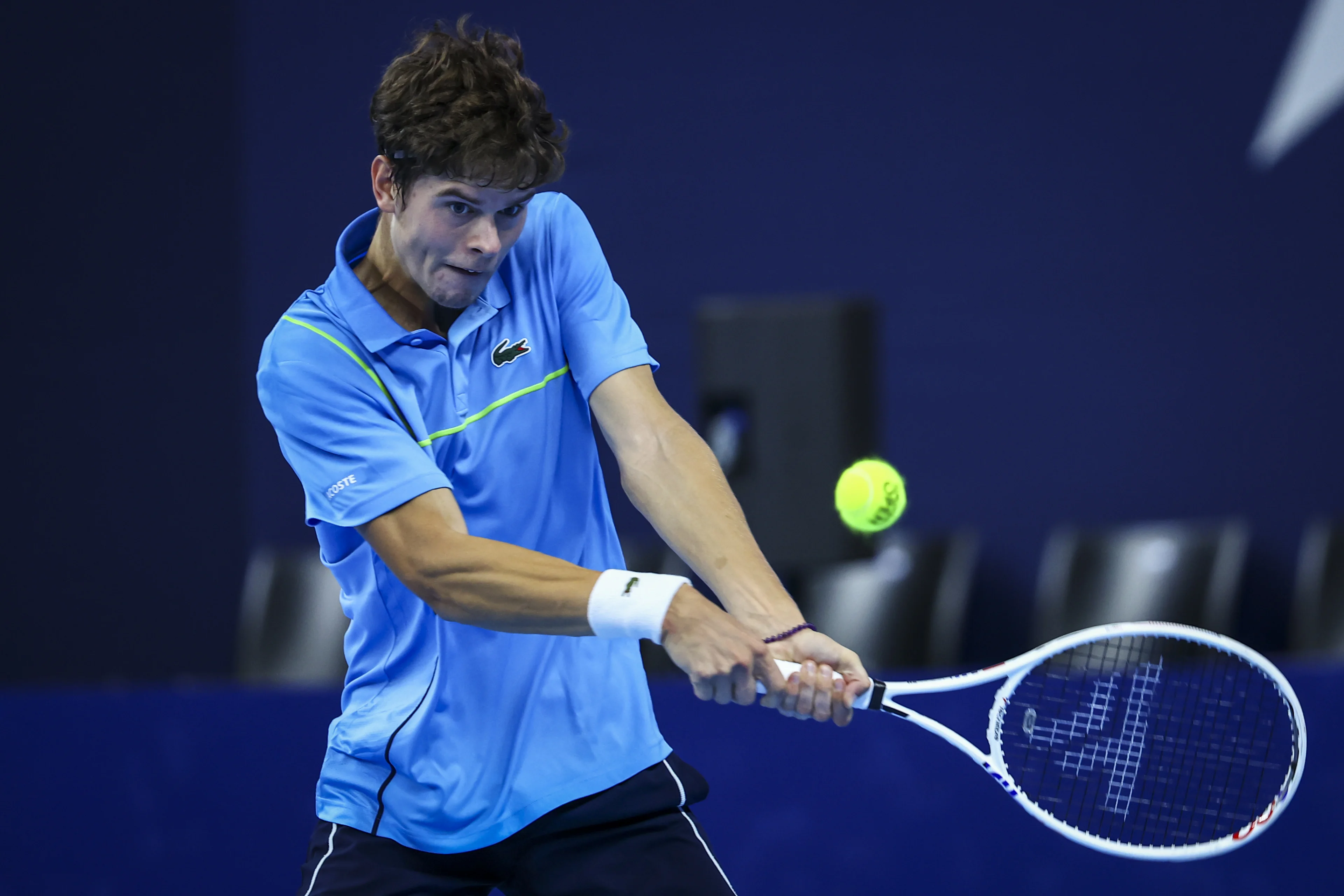 Belgian Alexander Blockx pictured in action during a tennis match in the round of 32 of the singles competition at the ATP European Open Tennis tournament in Antwerp, Tuesday 15 October 2024. BELGA PHOTO DAVID PINTENS