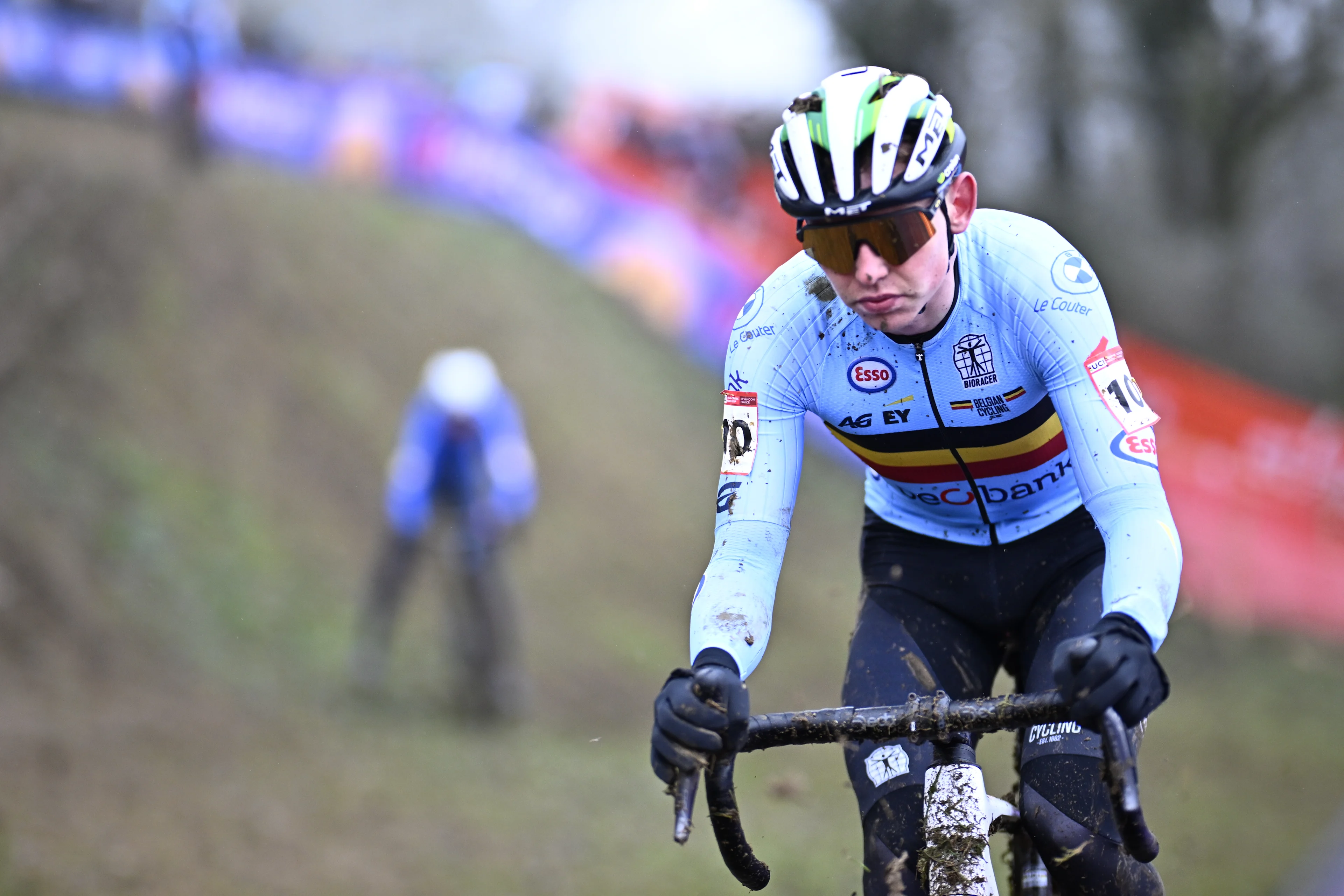 Belgian Aaron Dockx pictured in action during the men's Under 23 race at the Cyclocross World Cup cyclocross event in Besancon, France, , the eighth stage (out of 12) in the World Cup of the 2023-2024 season. BELGA PHOTO JASPER JACOBS