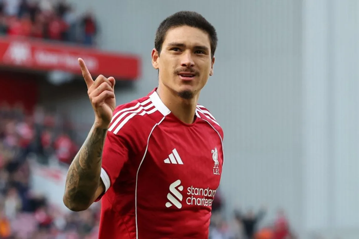 Liverpool's Uruguayan striker #09 Darwin Nunez celebrates scoring the team's second goal during the first of two pre season friendly football matches between Liverpool and Athletic Bilbao at Anfield in Liverpool, north west England on August 4, 2025. Darren Staples / AFP