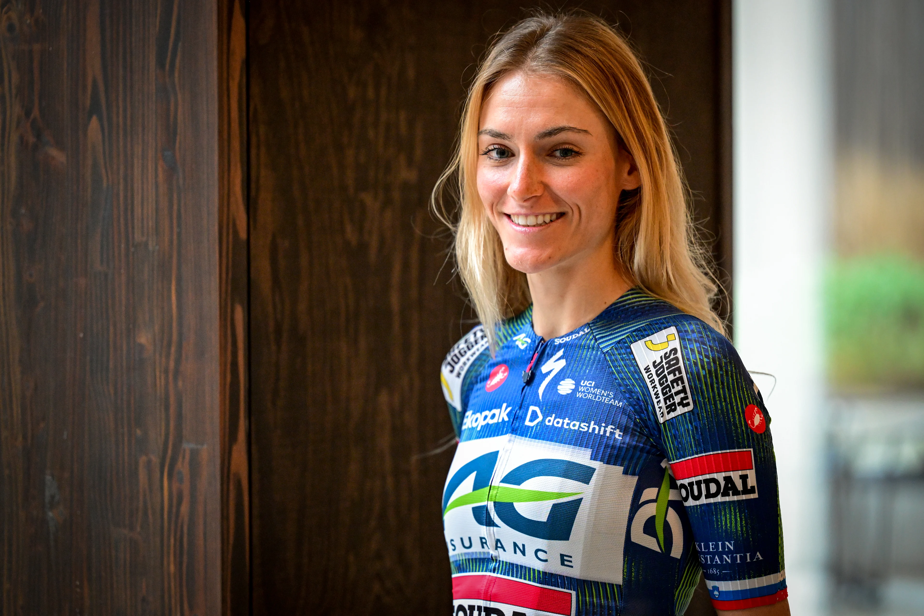 Slovenian Urska Zigart poses for the photographer at the presentation of the AG Insurance-Soudal women's team, on Tuesday 24 February 2026, in Brussels. BELGA PHOTO DIRK WAEM