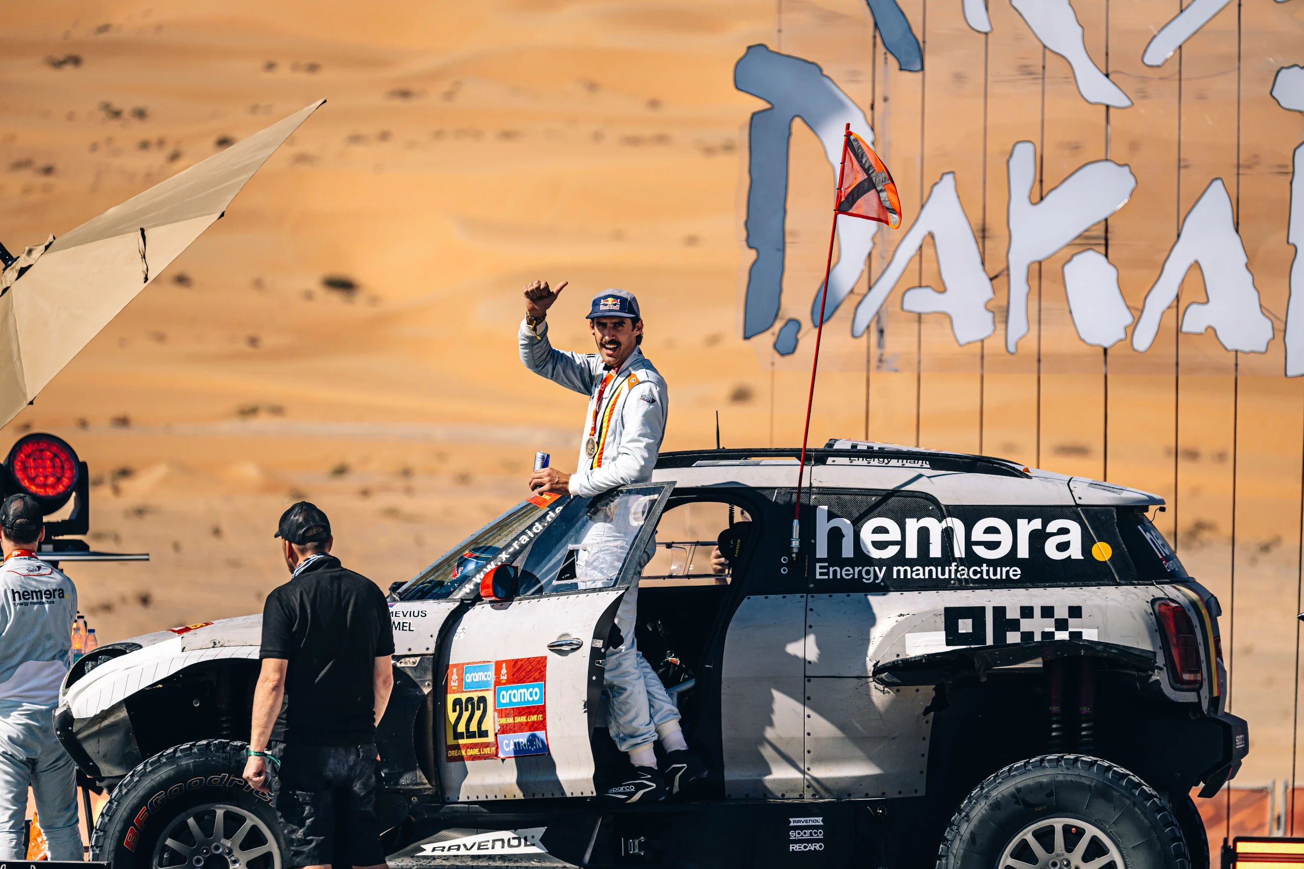 ATTENTION EDITORS - HAND OUT PICTURES - EDITORIAL USE ONLY - MANDATORY CREDIT: SIMON BAUCHAU Hand out picture released by Eric Dupain shows Guillaume de Mevius and Mathieu Baumel after the final stage of the 2025 Dakar rally race in Shubaytah, Saoudi Arabia on Saturday 18 January 2025. *** Belga and Belga Editorial Board decline all responsibility regarding the content of this picture. *** BELGA HAND OUT SIMON BAUCHAU