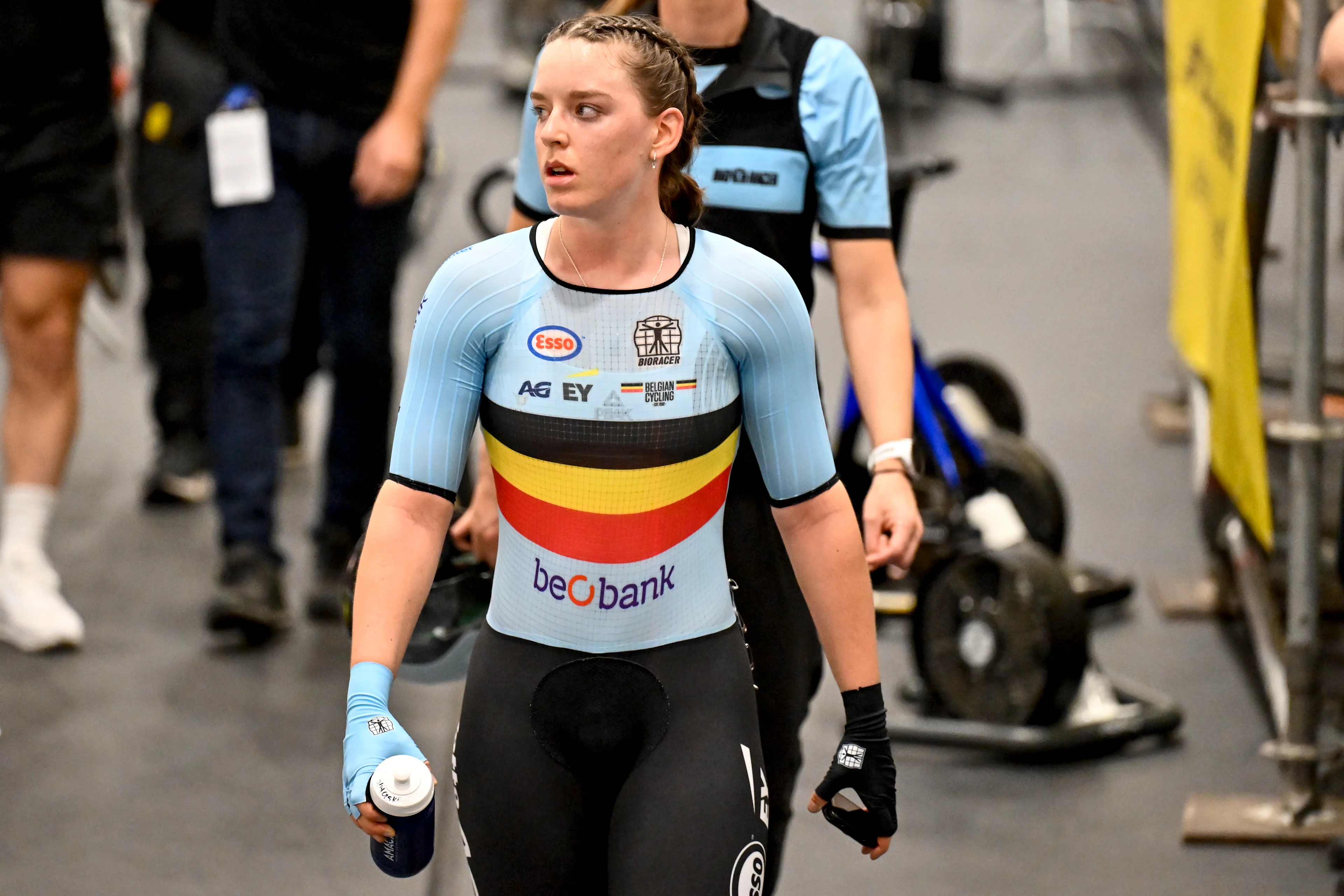 Belgian Katrijn De Clercq pictured after the women's Omnium III elimination race at the 2025 UEC Track Elite European Championships, in Heusden-Zolder, Belgium, Friday 14 February 2025. The European Championships take place from 12 to 16 February. BELGA PHOTO DIRK WAEM