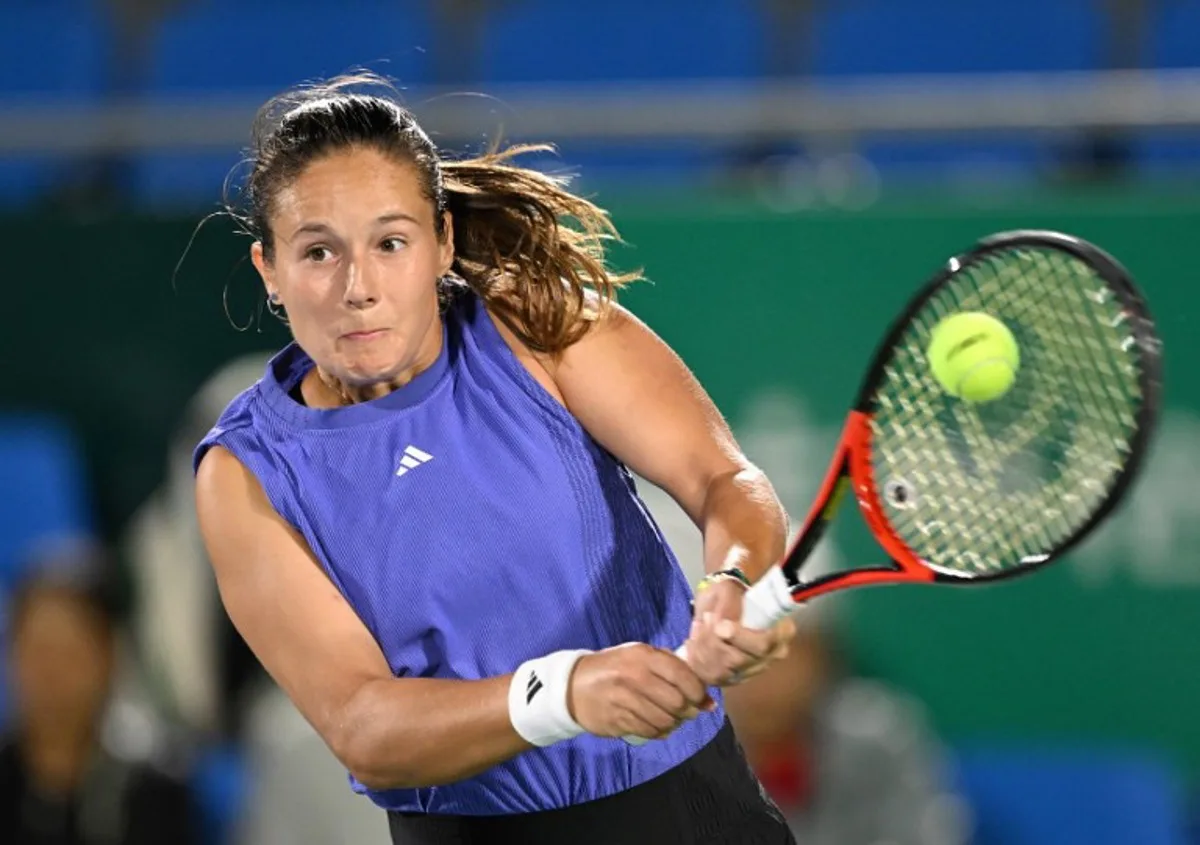 Russia's Daria Kasatkina hits a return to Russia's Diana Shnaider during their women's singles semi-finals match at the Korea Open tennis championships in Seoul on September 21, 2024.   Jung Yeon-je / AFP