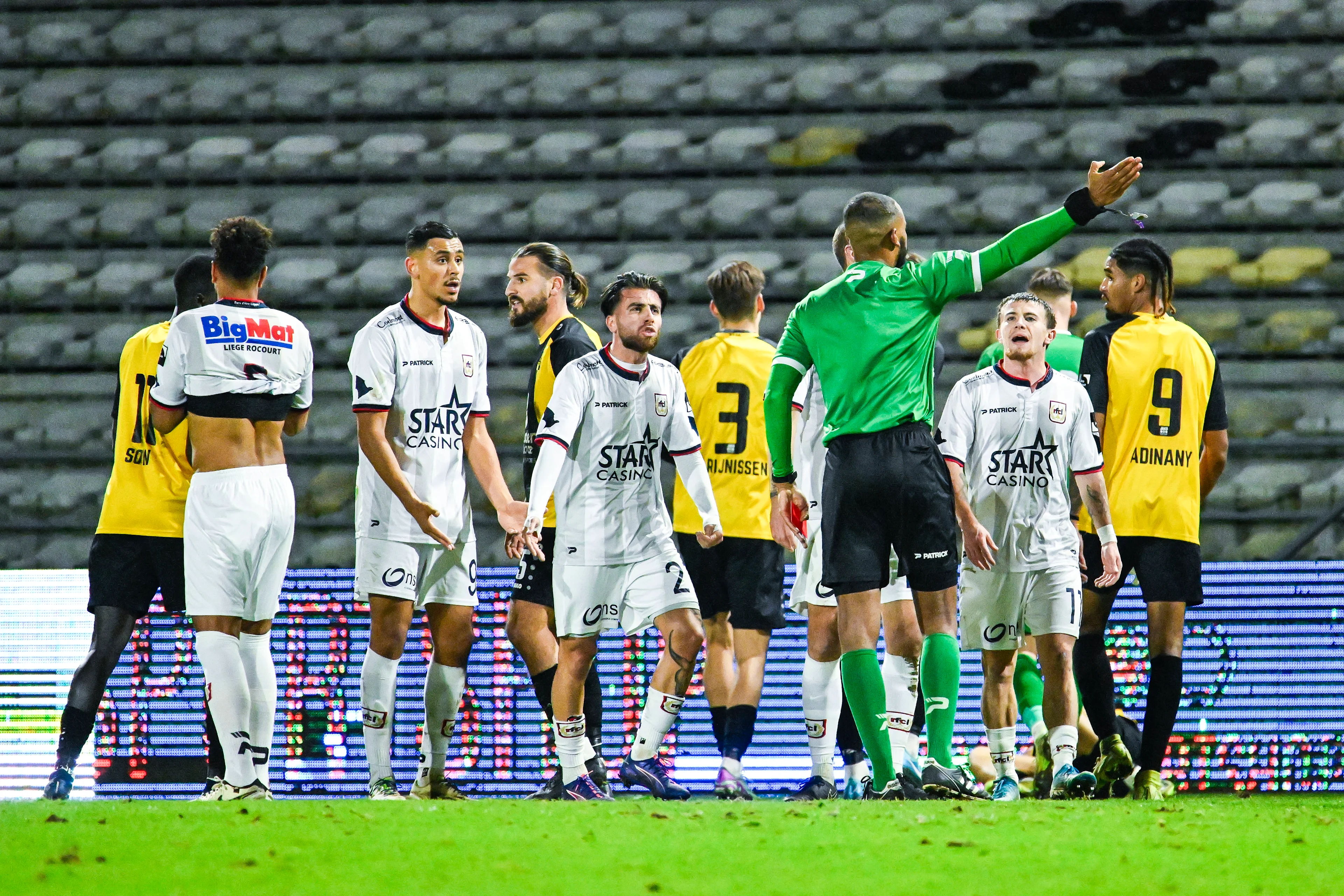 Liege's Zakaria Atteri reacts after receiving a red card from the referee during a soccer match between Lierse SK and RFC Liege, Friday 06 December 2024 in Lier, on day 14 of the 2024-2025 'Challenger Pro League' 1B second division of the Belgian championship. BELGA PHOTO TOM GOYVAERTS