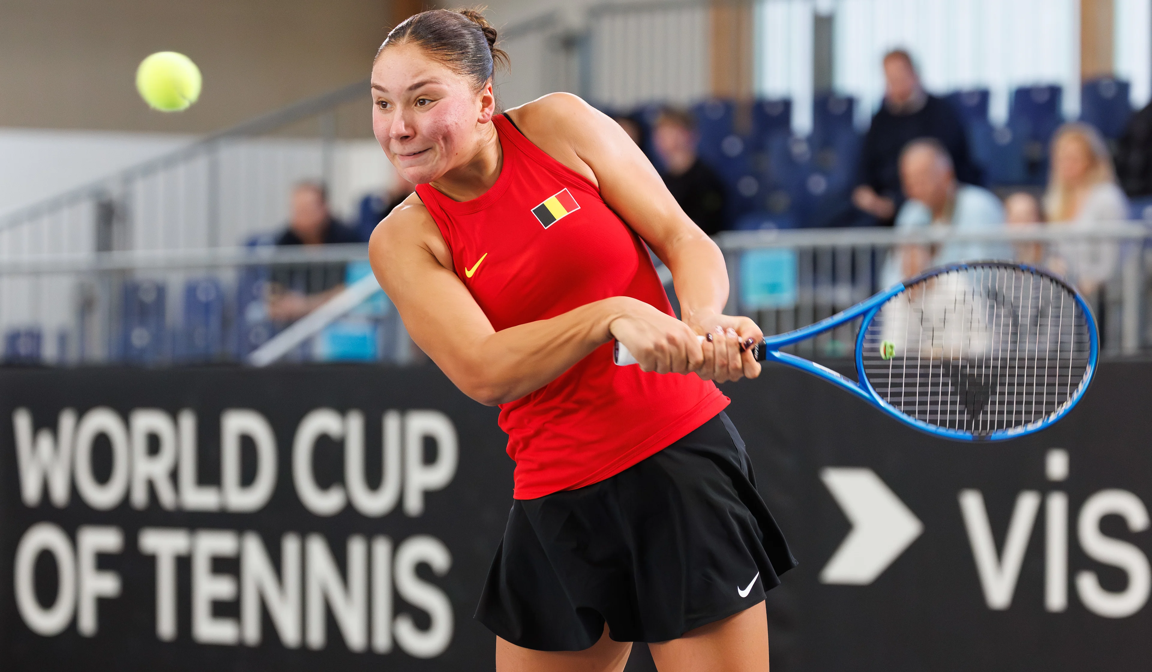 Belgian Sofia Costoulas pictured during the first game between Belgian Costoulas and Turkish Aksu in the Billie Jean King Cup Play-offs, between Belgium and Turkey, on Saturday 15 November 2025 in Ismaning, Germany. PHOTO BENOIT DOPPAGNE