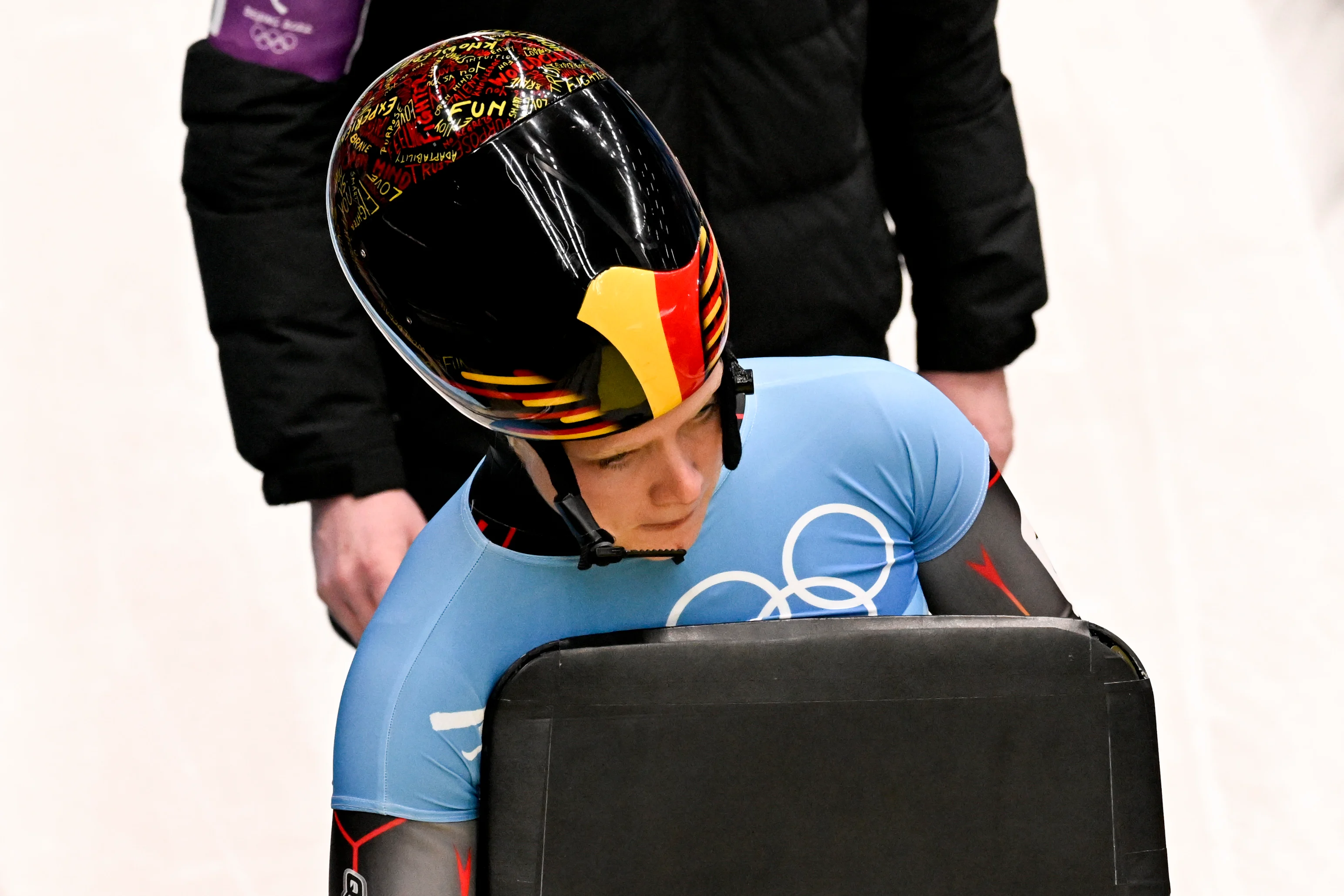 Belgian skeleton athlete Kim Meylemans pictured after the fourth and last run of the women's Skeleton event at the Beijing 2022 Winter Olympics in Beijing, China, Saturday 12 February 2022. The winter Olympics are taking place from 4 February to 20 February 2022. BELGA PHOTO LAURIE DIEFFEMBACQ