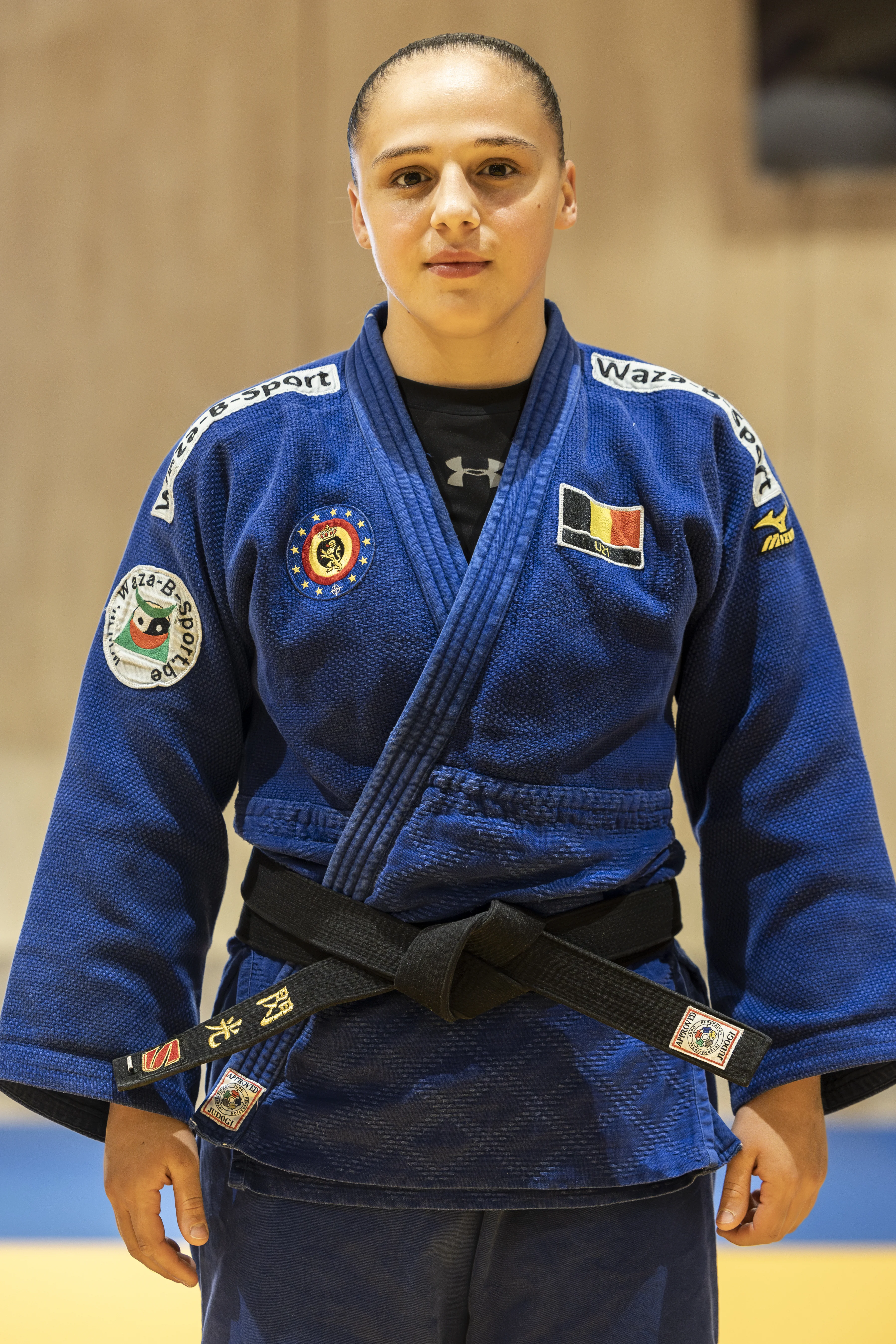 Belgian Alessia Corrao pictured during a press moment during a training camp of Judo Belgium, ahead of the Judo European Championships in Zagreb (25-28/04), at the Stedelijk Lyceum Topsport, in Wilrijk, Antwerp, Saturday 20 April 2024. BELGA PHOTO DAVID PINTENS