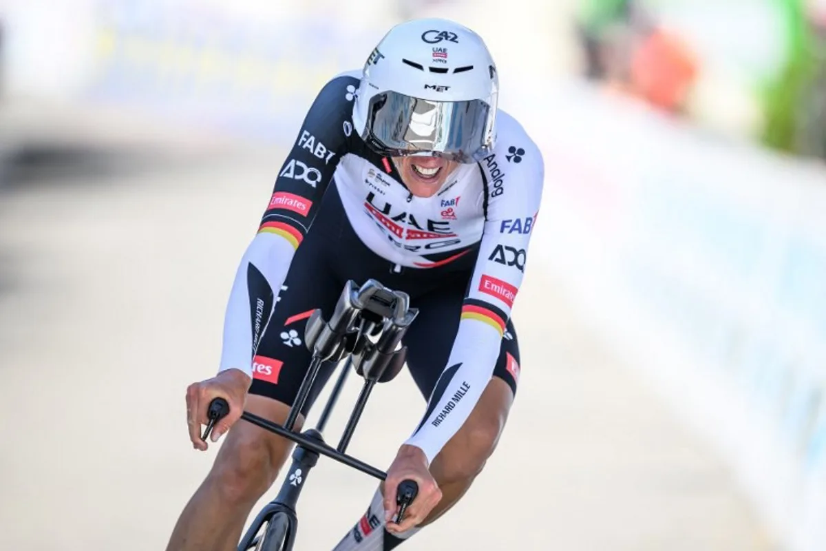 UAE Team Emirates-XRG's German rider Nils Politt competes during the fourth stage, a 23.7 km time trial from Aarburg to Aarburg, at the Men's Tour of Switzerland (Tour de Suisse) cycling race in Aarburg, Switzerland, on June 20, 2026.  Fabrice COFFRINI / AFP