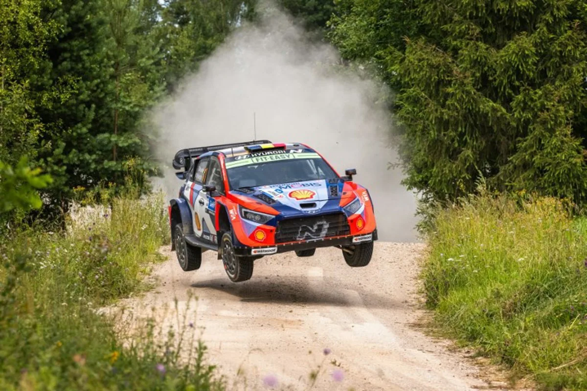 Belgian driver Thierry Neuville and co-driver Martijn Wydaeghe compete in their Hyundai i20 N Rally1 during the Otepaa stage of the WRC Rally Estonia, the eighth round of the FIA World Rally Championship, on July 19, 2025 near Otepaa, Estonia. TIMO ANIS / AFP