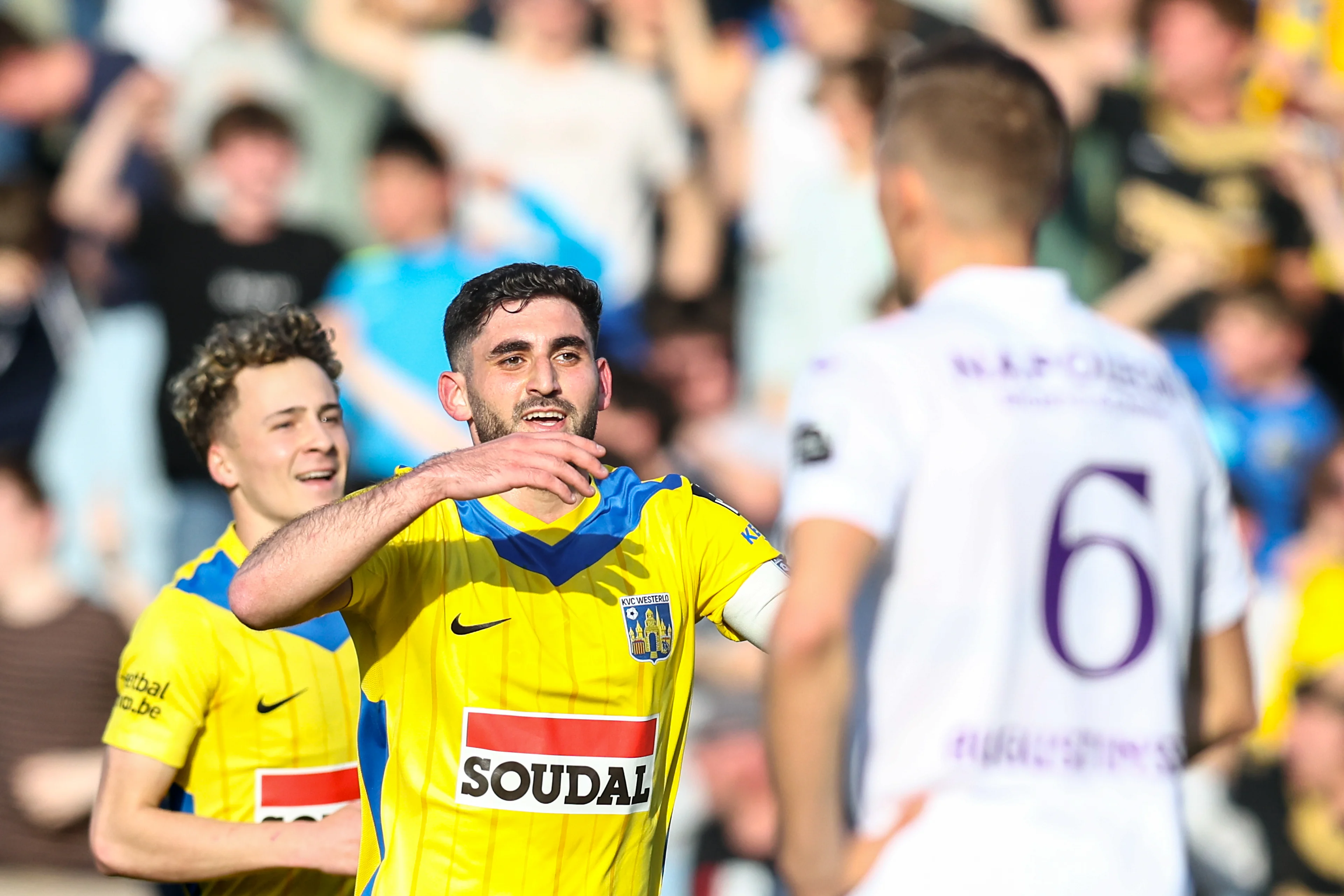 Westerlo's Dogucan Haspolat celebrates after scoring during a soccer game between KVC Westerlo and RSC Anderlecht, Sunday 09 March 2025 in Westerlo, on day 29 of the 2024-2025 season of the "Jupiler Pro League" first division of the Belgian championship. BELGA PHOTO BRUNO FAHY