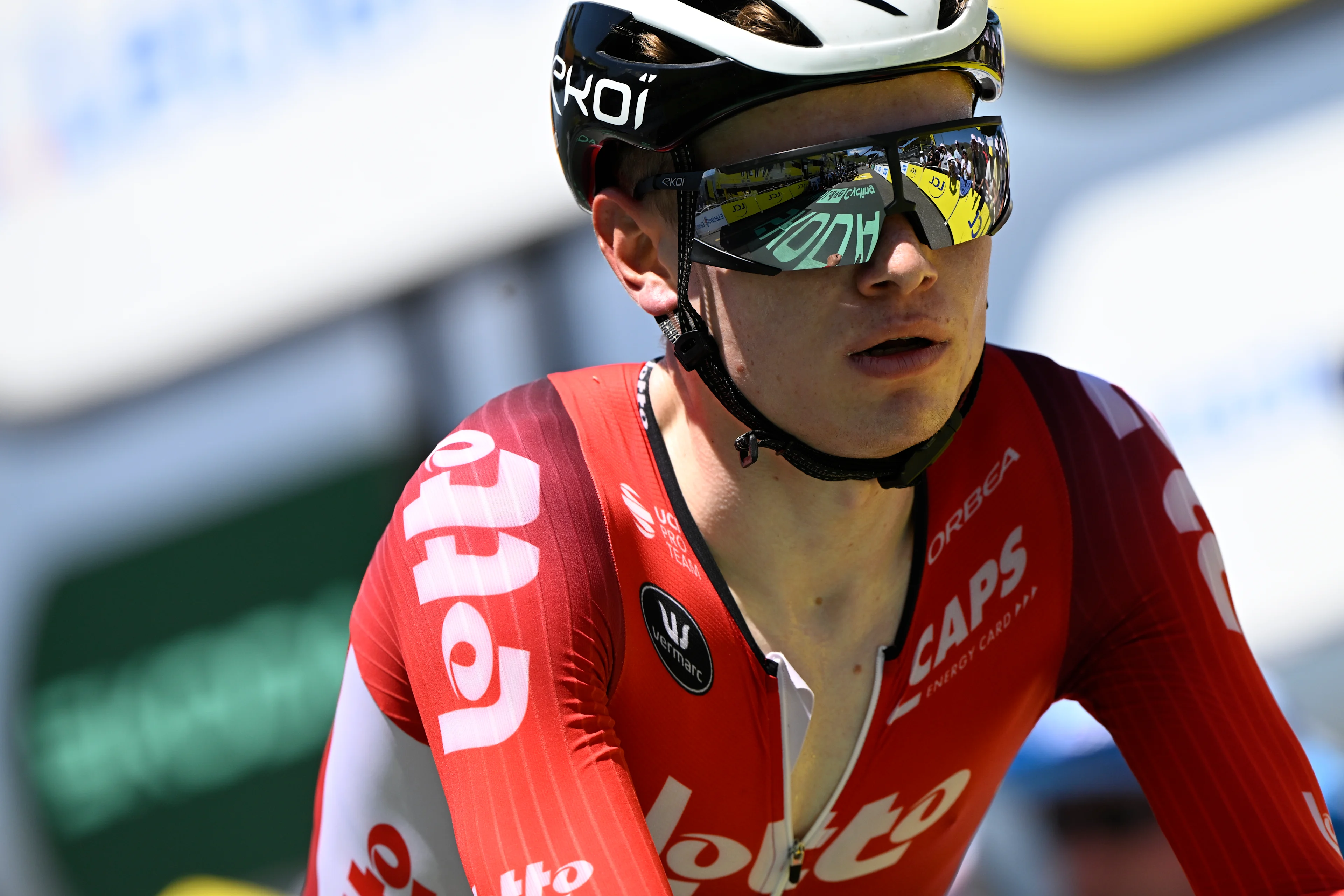 Belgian Lennert Van Eetvelt of Lotto Cycling Team pictured at the finish of stage 13 of the 2025 Tour de France cycling race, an 11km individual time trial from Loudenvielle to Peyragudes, on Friday 18 July 2025 in France. The 112th edition of the Tour de France starts on Saturday 5 July in Lille, France, and will finish in Paris, France on the 27th of July. BELGA PHOTO JASPER JACOBS