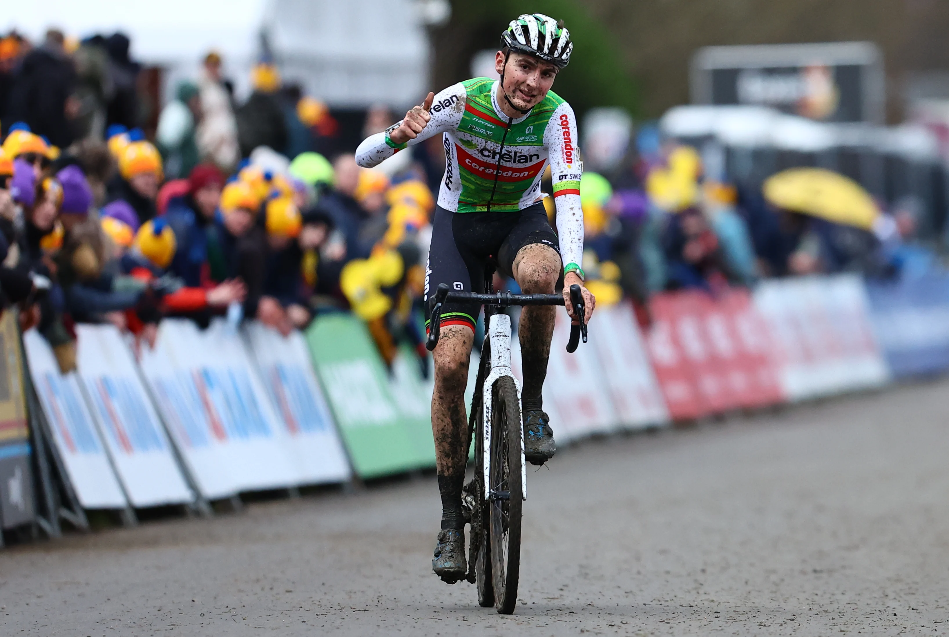 Belgian Emiel Verstrynge crosses the finish line as third at the men's elite race of the 'GP Sven Nys' cyclocross cycling event on Wednesday 01 January 2025 in Baal, stage 5/8 in the X2O Badkamers 'Trofee Veldrijden' competition. BELGA PHOTO DAVID PINTENS