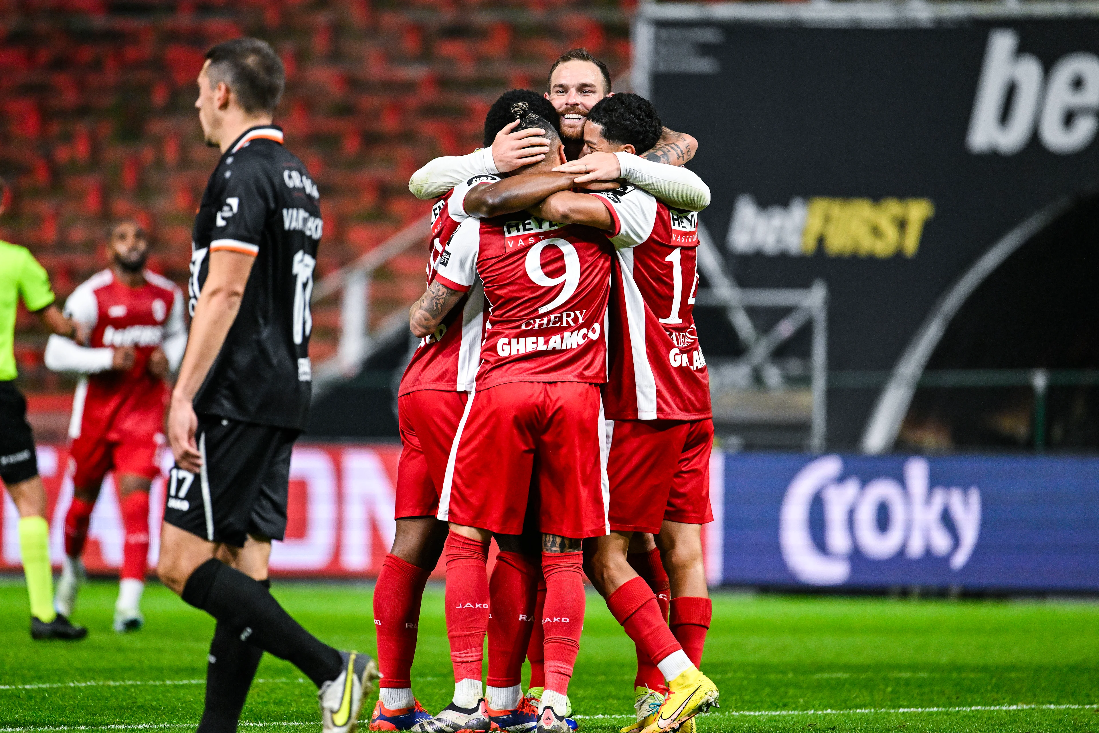 Antwerp's Tjaronn Chery, Antwerp's Vincent Janssen and Antwerp's Anthony Valencia celebrate after scoring during a soccer game between JPL club Royal Antwerp and second division club KMSK Deinze, Thursday 31 October 2024 in Deurne, in the round 1 of 16 of the 'Croky Cup' Belgian soccer cup. BELGA PHOTO TOM GOYVAERTS