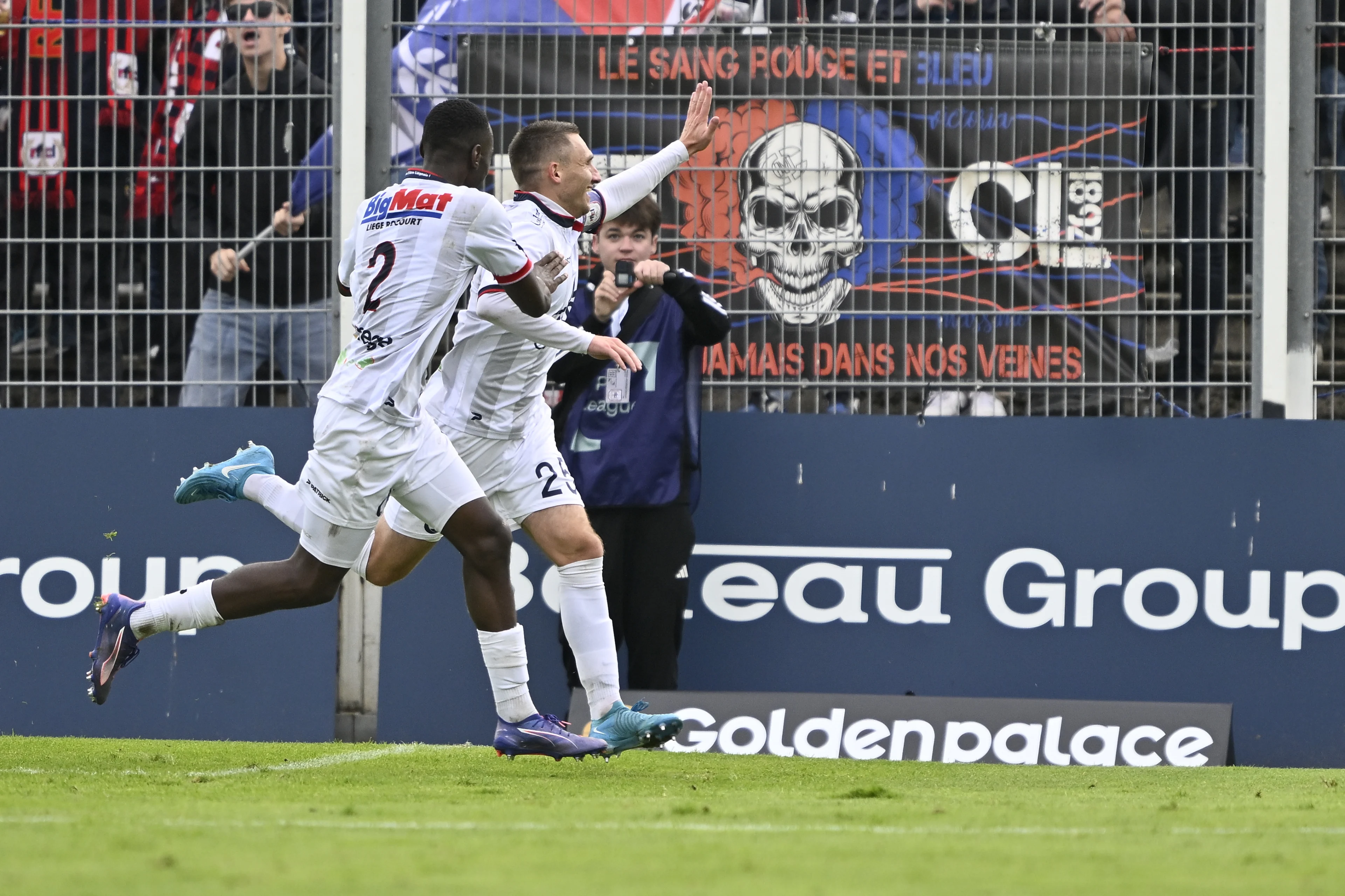 Liege's Jonathan D'Ostilio celebrates after scoring during a soccer match between RFC Seraing and RFC Liege, Sunday 29 September 2024 in Seraing, on day 6 of the 2024-2025 'Challenger Pro League' 1B second division of the Belgian championship. BELGA PHOTO JOHAN EYCKENS