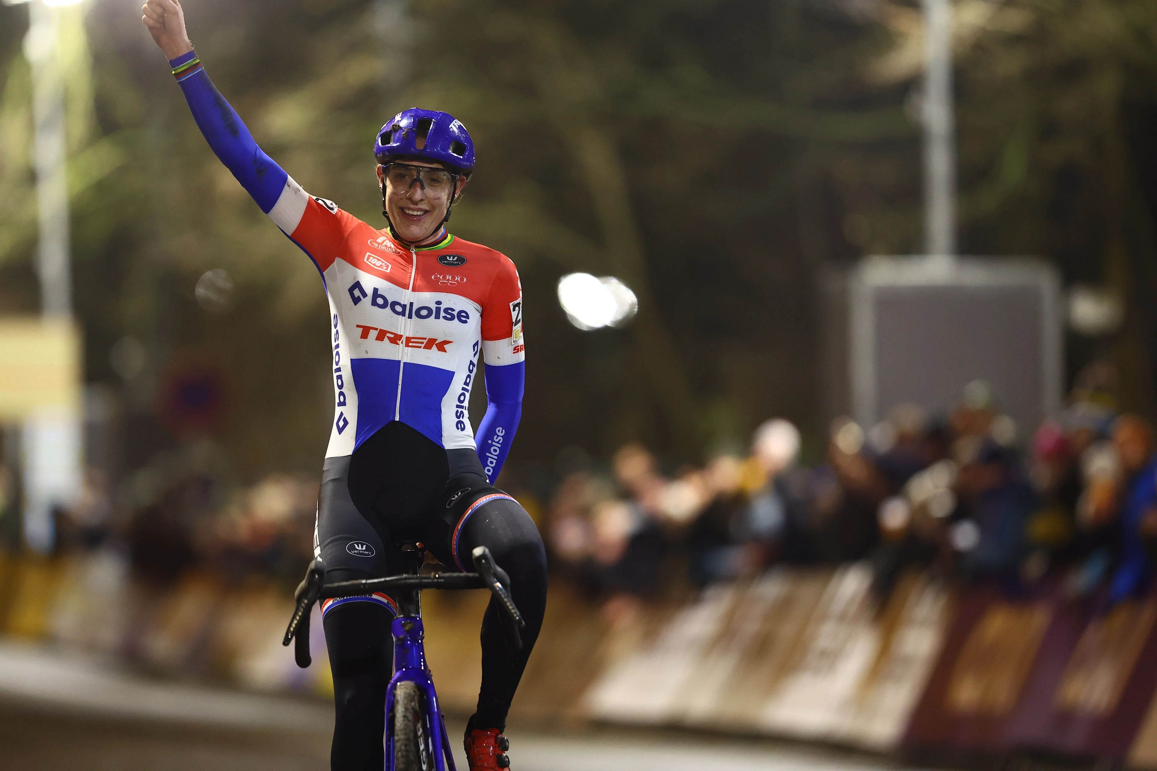 Dutch Lucinda Brand celebrates as she crosses the finish line to win the women elite race of Diegem Cross cyclocross cycling event, Monday 30 December 2024 in Diegem, stage 6/8 in the Superprestige cyclocross cycling competition. BELGA PHOTO DAVID PINTENS