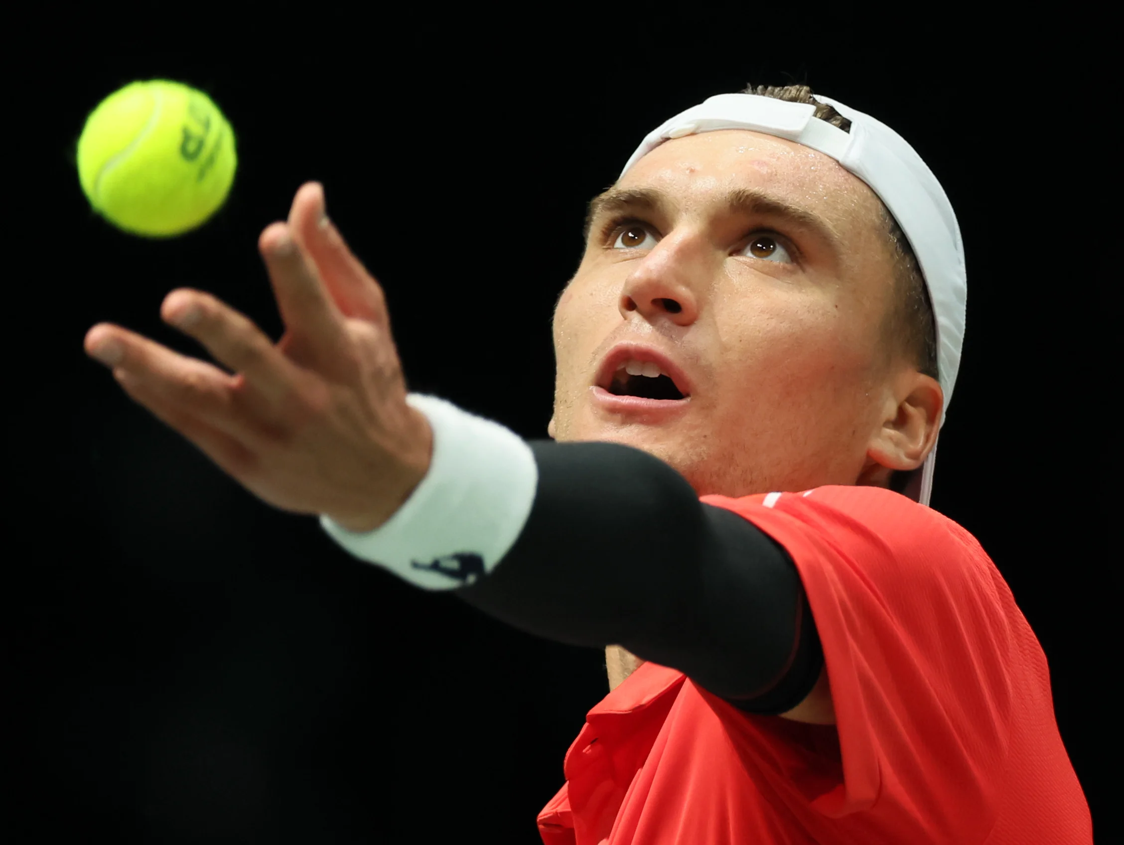 Belgian Raphael Collignon pictured in action during a game between Belgian Raphael Collignon and Brazilian Joao Fonseca, the first match in the group A Davis Cup Finals group stage between Belgium and Brazil, Saturday 14 September 2024, at the Unipol Arena, in Bologna, Italy. BELGA PHOTO BENOIT DOPPAGNE