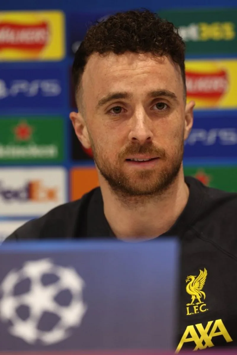 Liverpool's Portuguese striker #20 Diogo Jota attends a press conference at Anfield stadium in Liverpool, north-west England, on March 10, 2025, on the eve of their UEFA Champions League football match against Paris Saint Germain. Paul Currie / AFP