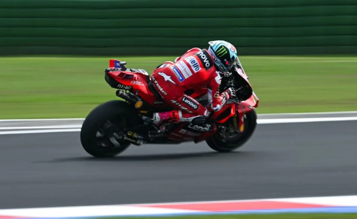 Ducati Lenovo Team's Italian rider Enea Bastianini competes during the MotoGP Pramac Emilia-Romagna Grand Prix at the Misano World Circuit Marco-Simoncelli in Misano Adriatico, on September 22, 2024.  Andreas SOLARO / AFP