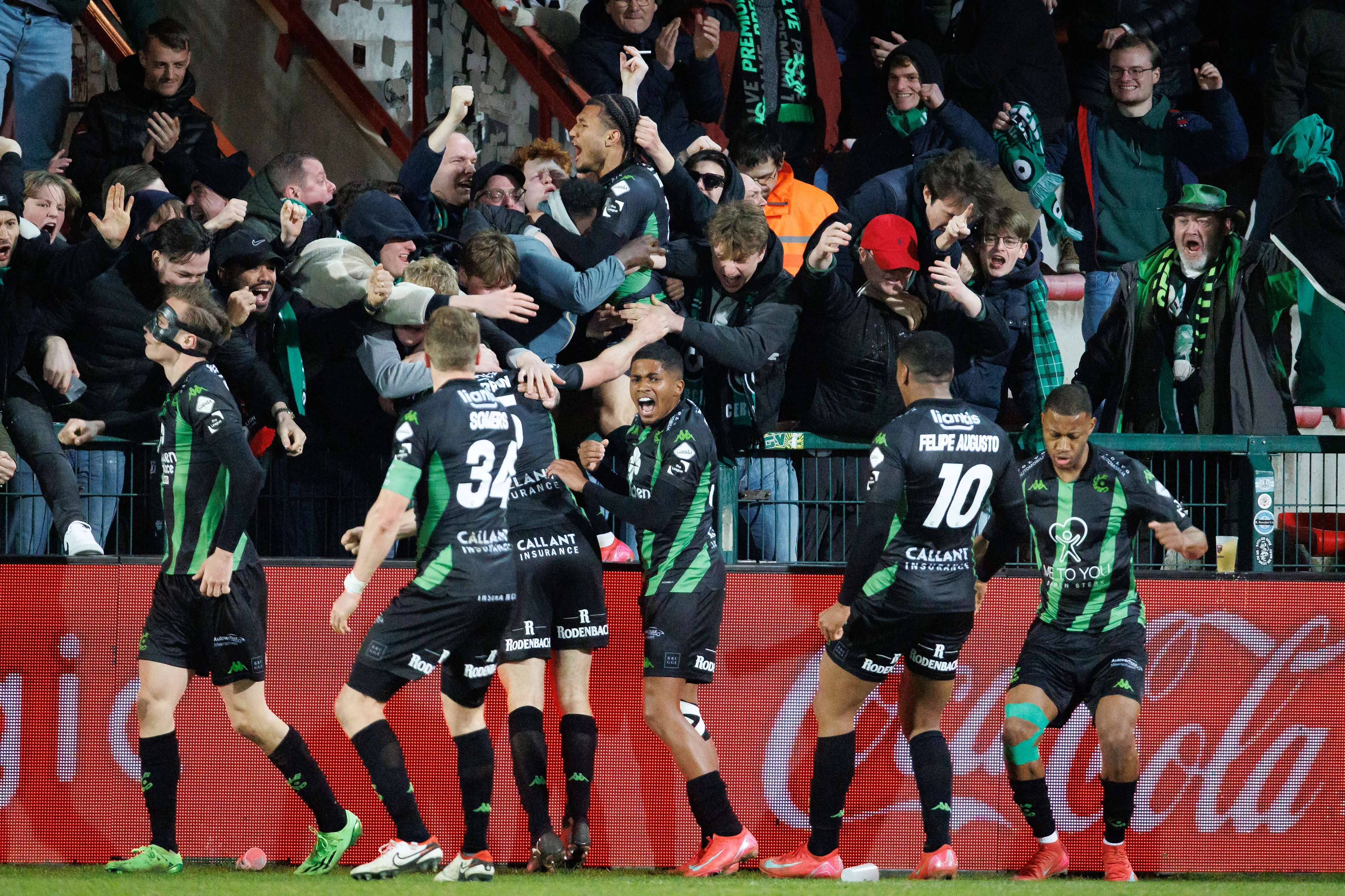 Cercle's Paris Bunner celebrates after scoring during a soccer match between KV Kortrijk and Cercle Brugge, Sunday 23 February 2025 in Kortrijk, on day 27 of the 2024-2025 season of the 'Jupiler Pro League' first division of the Belgian championship. BELGA PHOTO KURT DESPLENTER