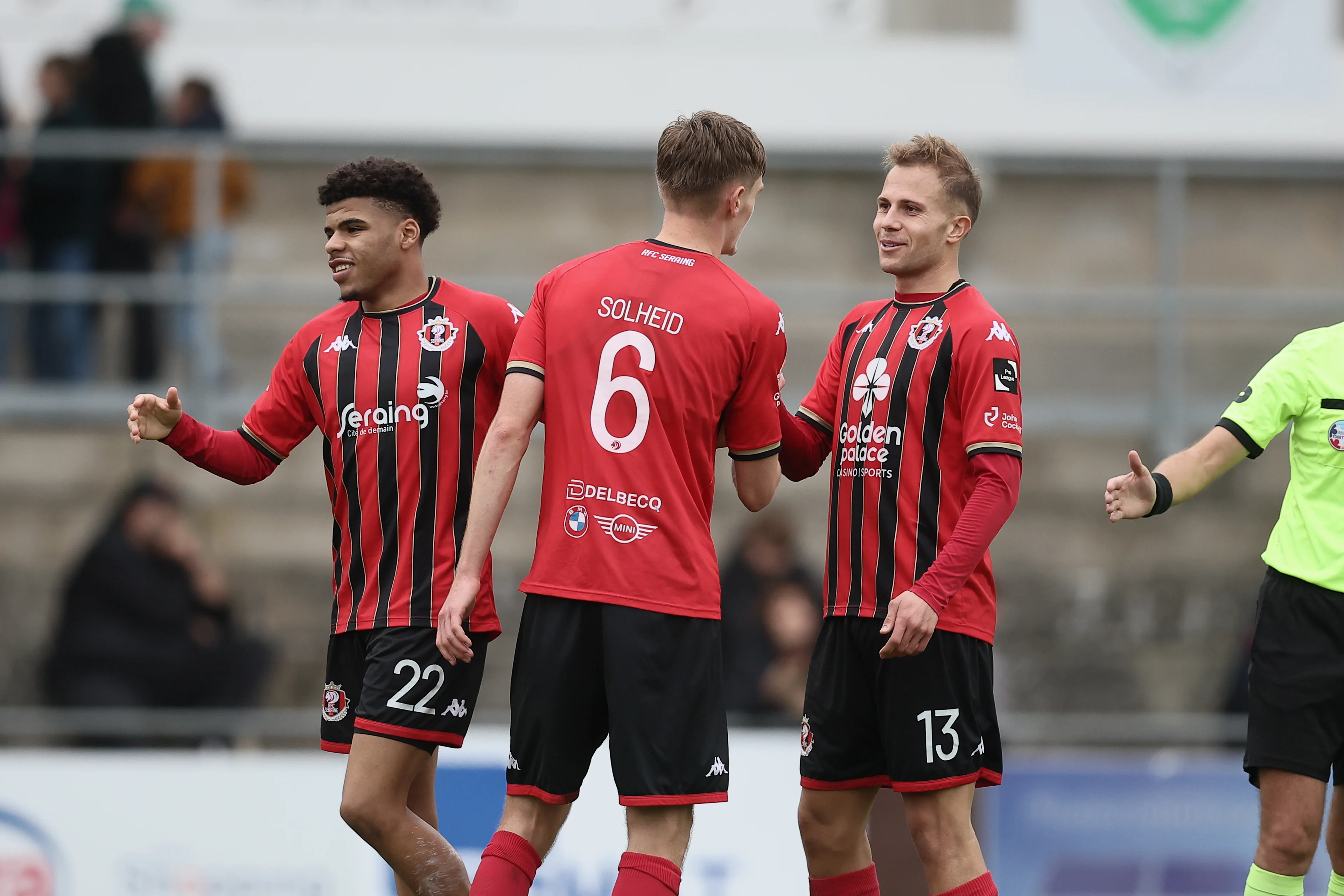 Seraing's players celebrate after winning a soccer match between Royal Francs Borains and RFC Seraing, in Boussu, on the day 10 of the 2023-2024 'Challenger Pro League' 1B second division of the Belgian championship, Sunday 03 November 2024. BELGA PHOTO BRUNO FAHY