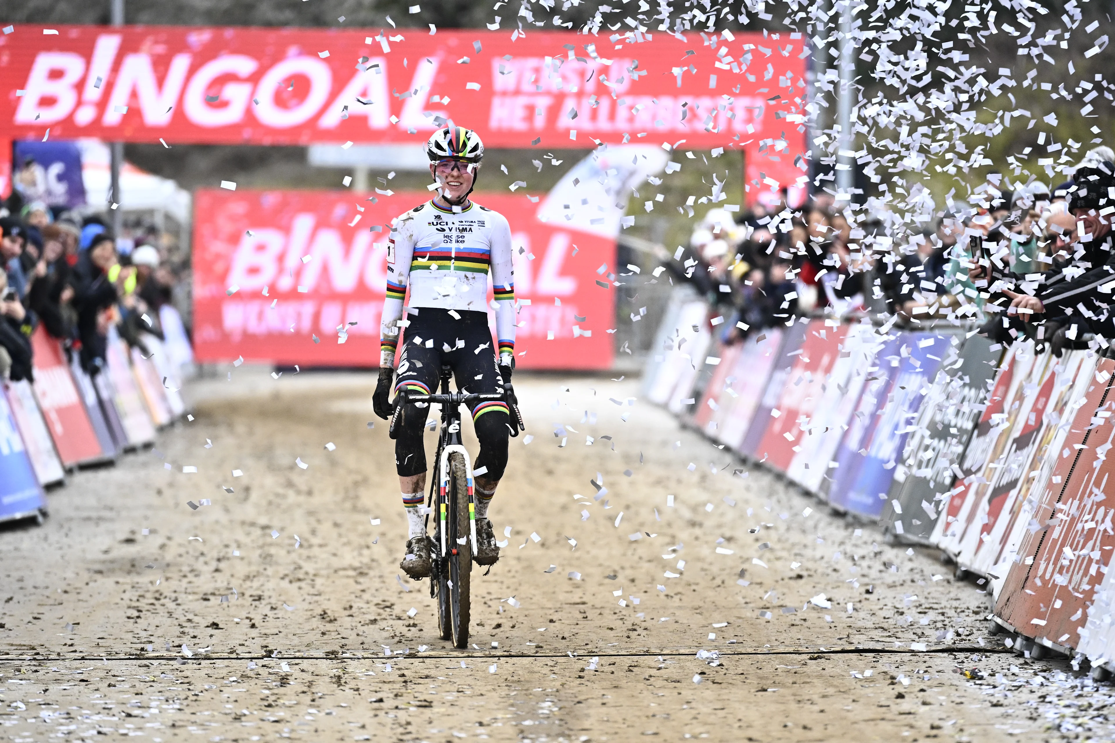 Dutch Fem Van Empel and pictured crossing the finish line of the women's elite race at the Cyclocross World Cup cyclocross event in Besancon, France, , the eighth stage (out of 12) in the World Cup of the 2023-2024 season. BELGA PHOTO JASPER JACOBS