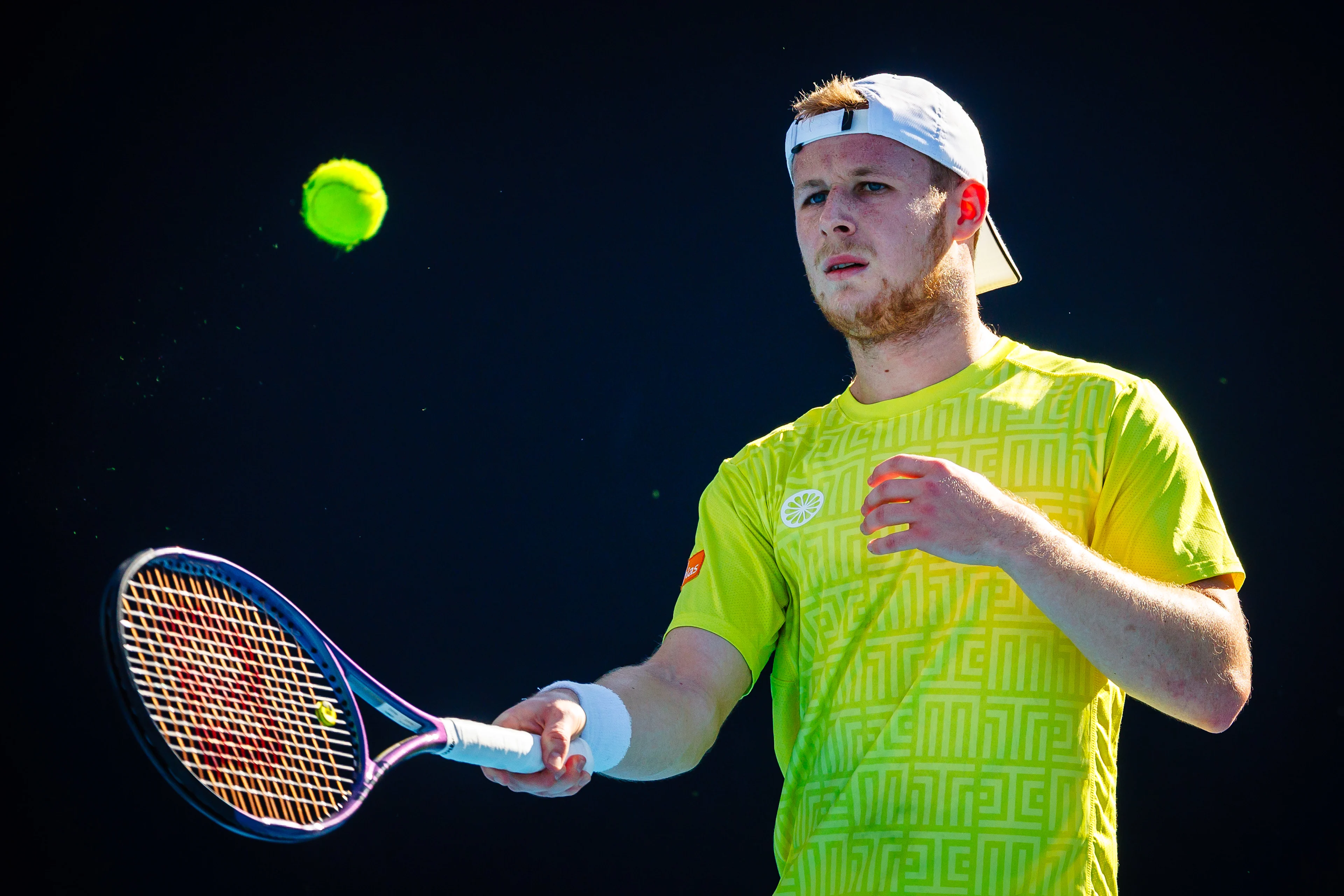 Belgian Gauthier Onclin pictured in action during a tennis match against US Kovacevic in the first round of the qualifiers for the men's singles tournament of the 'Australian Open' Grand Slam tennis tournament, Wednesday 10 January 2024 in Melbourne Park, Melbourne, Australia. The 2024 edition of the Australian Grand Slam takes place from January 14th to January 28th. BELGA PHOTO PATRICK HAMILTON