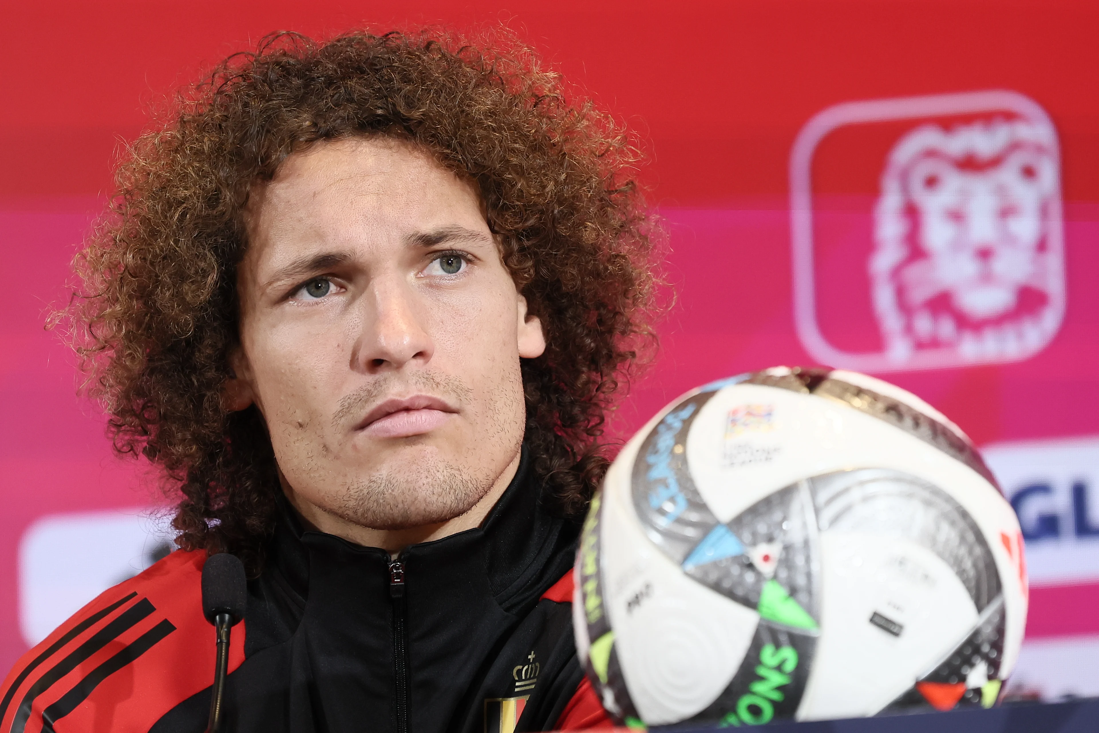 Belgium's Wout Faes pictured during a press conference of the Belgian national soccer team Red Devils, at the Royal Belgian Football Association's training center, in Tubize, Sunday 13 October 2024. The Red Devils are playing against France on Monday, for the UEFA Nations League 2025. BELGA PHOTO BRUNO FAHY