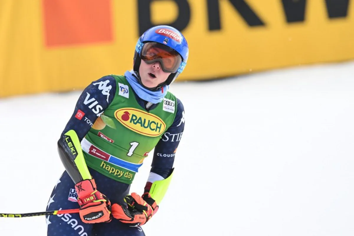 USA's Mikaela Shiffrin reacts after the second run of the women's Giant Slalom of the FIS Alpine Ski World Cup in Soelden, Austria, on October 26, 2024.  KERSTIN JOENSSON / AFP