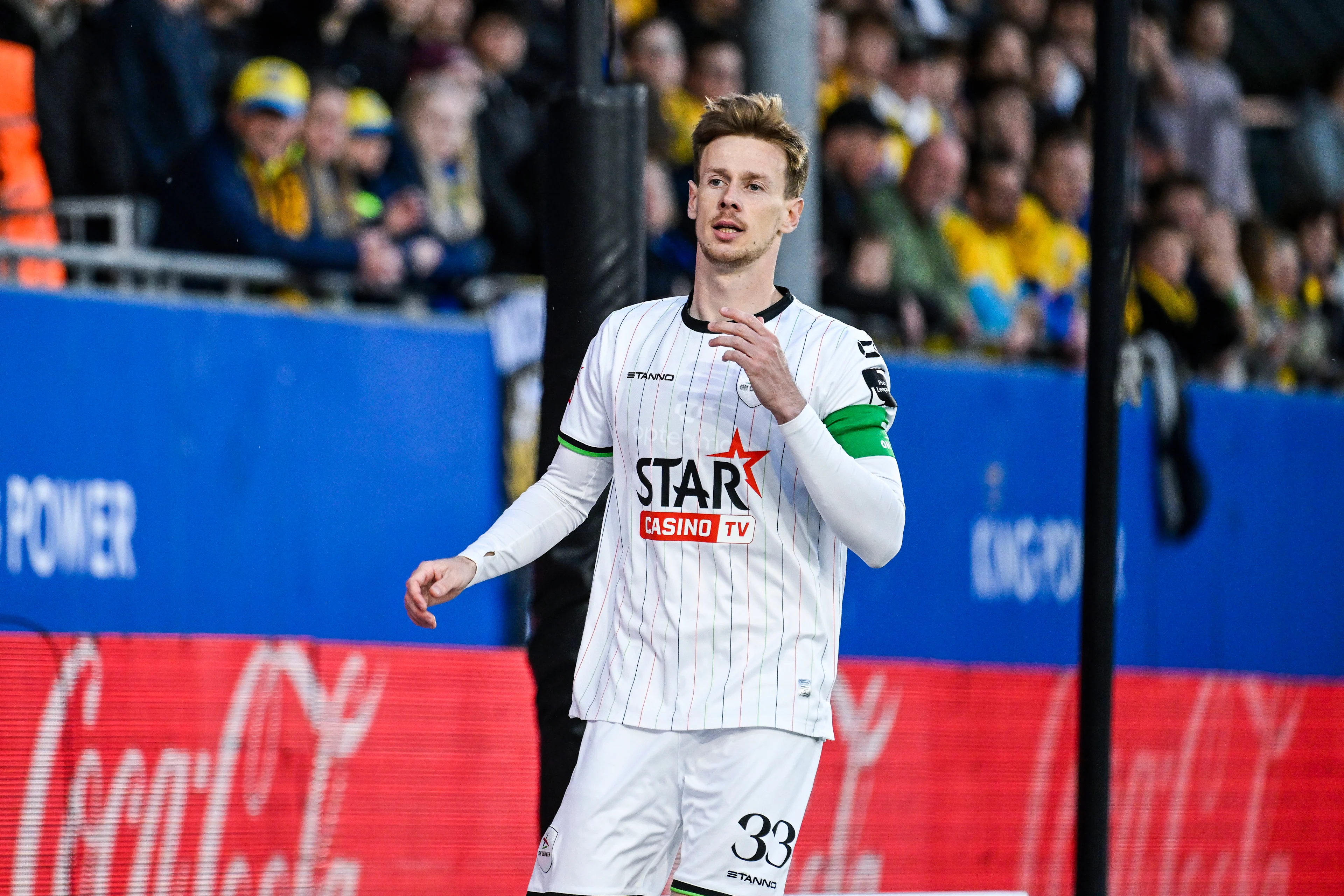 OHL's Mathieu Maertens reacts after missing a big chance during a soccer match between Oud-Heverlee Leuven and KVC Westerlo, Tuesday 21 April 2026 in Leuven, on the fourth day of the Europe Play-offs (PO2) of the 2025-2026 'Jupiler Pro League' first division of the Belgian championship. BELGA PHOTO TOM GOYVAERTS