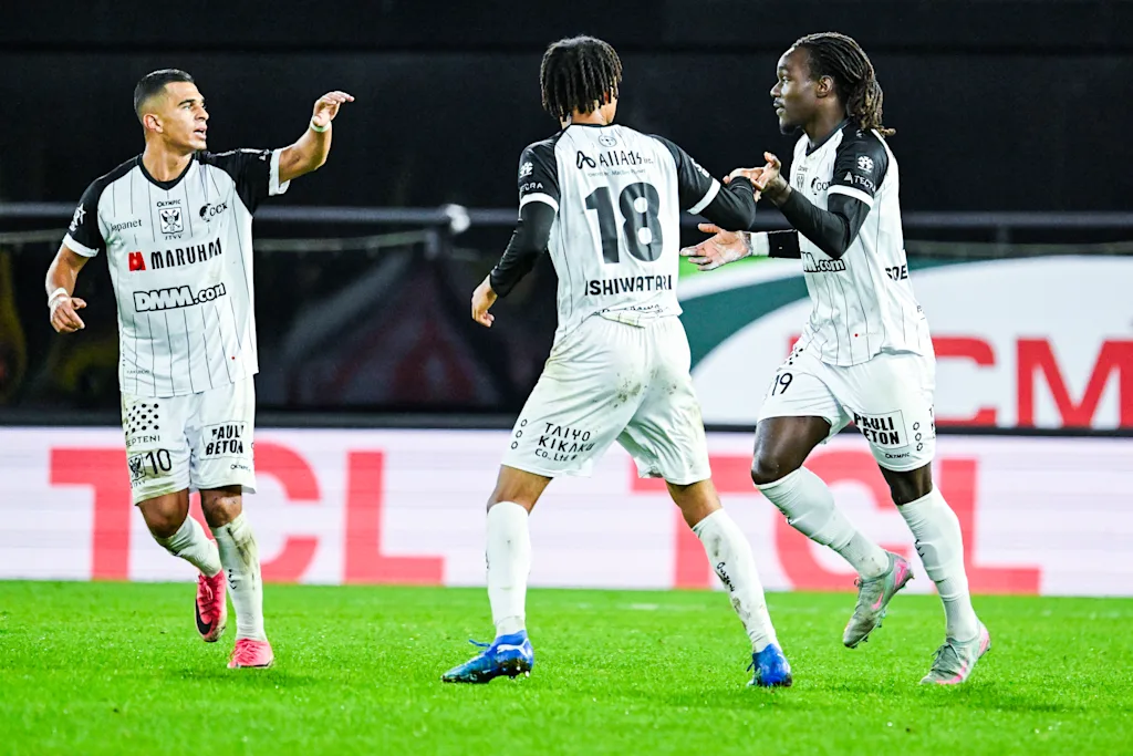 STVV's Frederic Leroi Soelle Soelle celebrates after scoring during a soccer match between KV Mechelen and Sint-Truiden VV, Sunday 11 October 2026 in Mechelen, on day 8 of the 2026-2027 'Jupiler Pro League' first division of the Belgian championship. BELGA PHOTO TOM GOYVAERTS