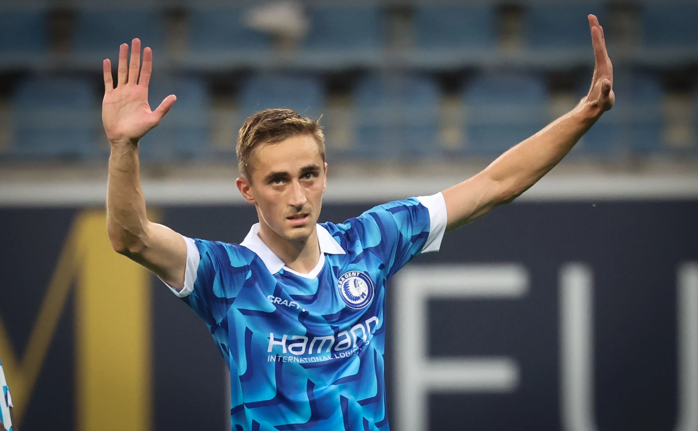 Gent's Julien De Sart celebrates after scoring during a soccer game between Belgian KAA Gent and Faroese Vikingur Gota, on Thursday 25 July 2024 in Gent, the first leg of the 2nd Qualifying Round of the UEFA Conference League. BELGA PHOTO VIRGINIE LEFOUR