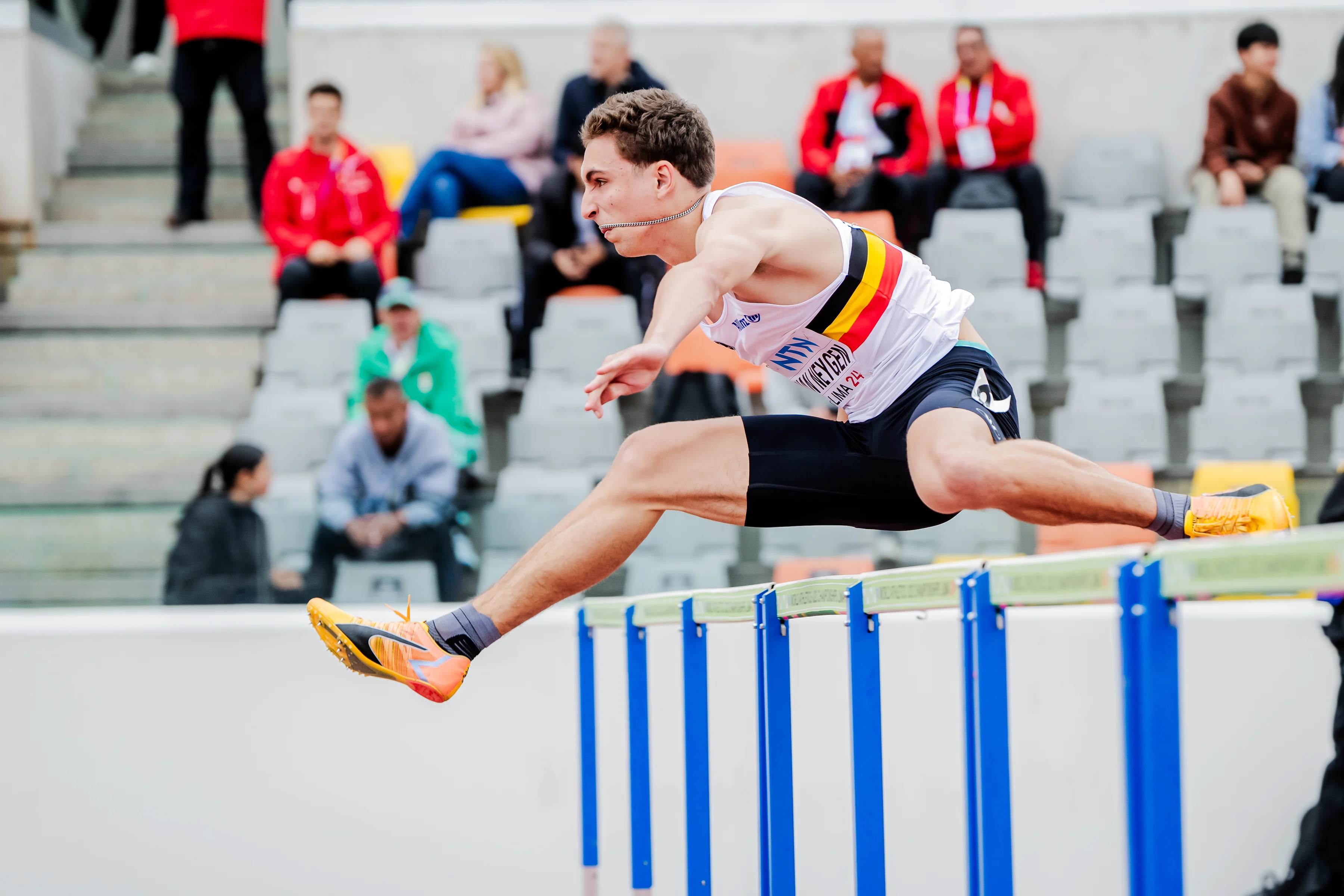 Belgian Zeno Van Neygen pictured in action during the men's 110m hurdles race, at the World Athletics U20 Championships, Thursday 29 August 2024, in Lima, Peru. The world championships take place from 27 to 31 August. BELGA PHOTO SONYA MALETER