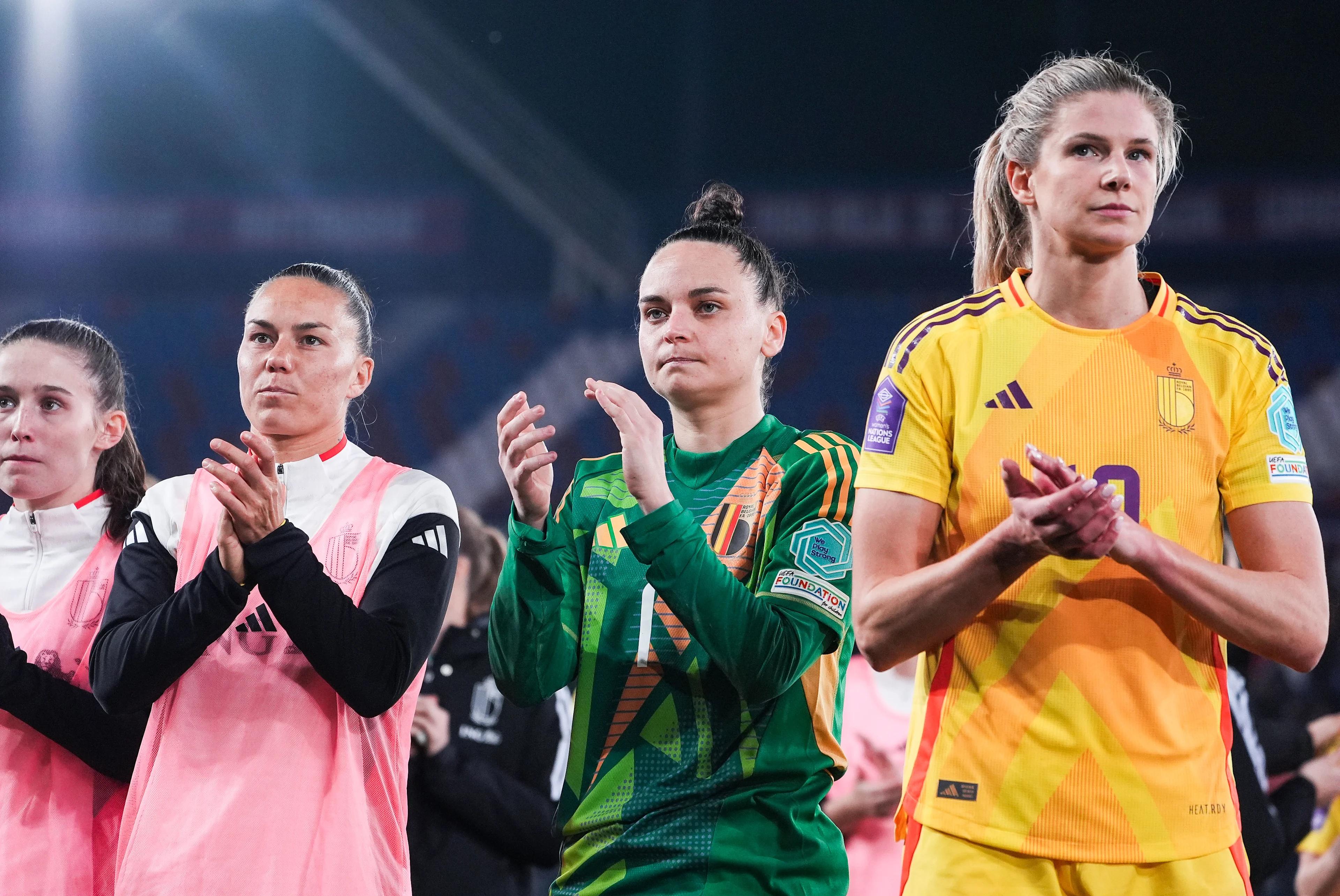 Belgium's goalkeeper Nicky Evrard and Belgium's Justine Vanhaevermaet look dejected after losing a soccer game between Belgium's national team the Red Flames and Spain, in Valencia, Spain Friday 21 February 2025, on the first matchday in group A3 of the 2024-25 Women's Nations League Competition. BELGA PHOTO JOMA GARCIA I GISBERT