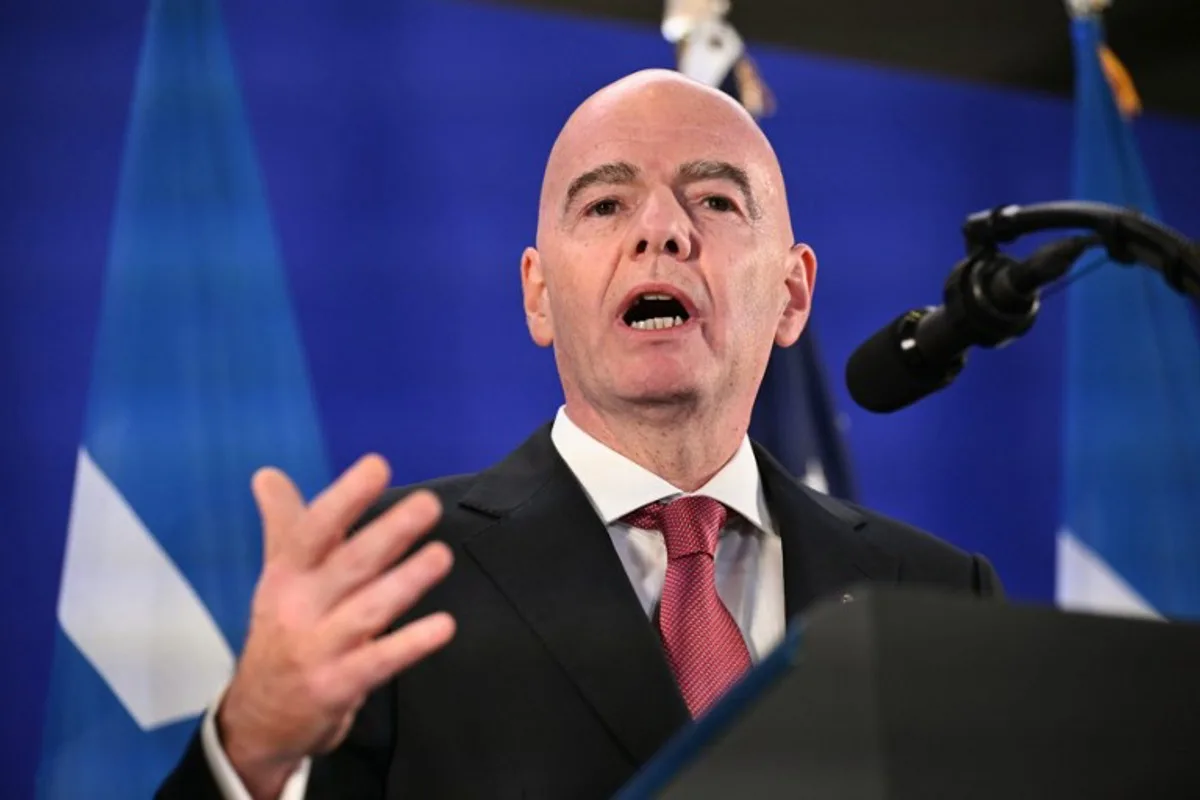 FIFA President Gianni Infantino speaks during a FIFA reception at Trump Tower in New York on July 17, 2026. President Trump will attend the 2026 World Cup Final between Spain and Argentina. Mandel NGAN / AFP
