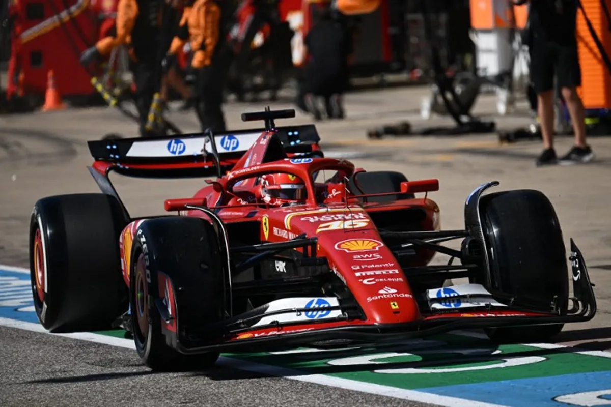 Ferrari's Monegasque driver Charles Leclerc races out of pit lane during the United States Formula One Grand Prix at the Circuit of the Americas in Austin, Texas, on October 20, 2024.  Patrick T. Fallon / POOL / AFP