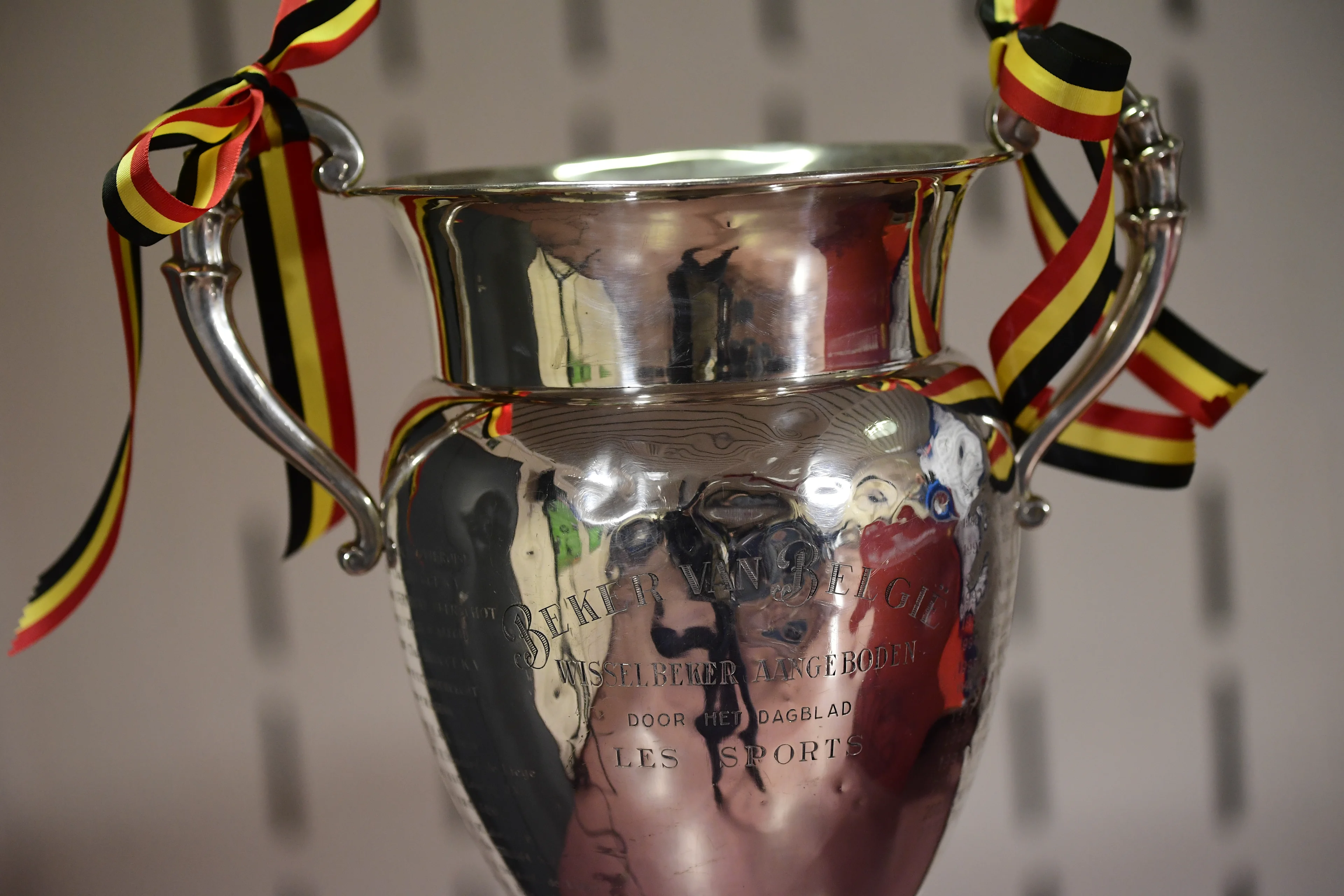 The trophy pictured at a photo moment with KAA Gent and KV Mechelen, Tuesday 30 April 2019, in Brussels. KAA Gent and KV Mechelen will play Tomorrow the final of the Croky Cup competition. BELGA PHOTO LAURIE DIEFFEMBACQ