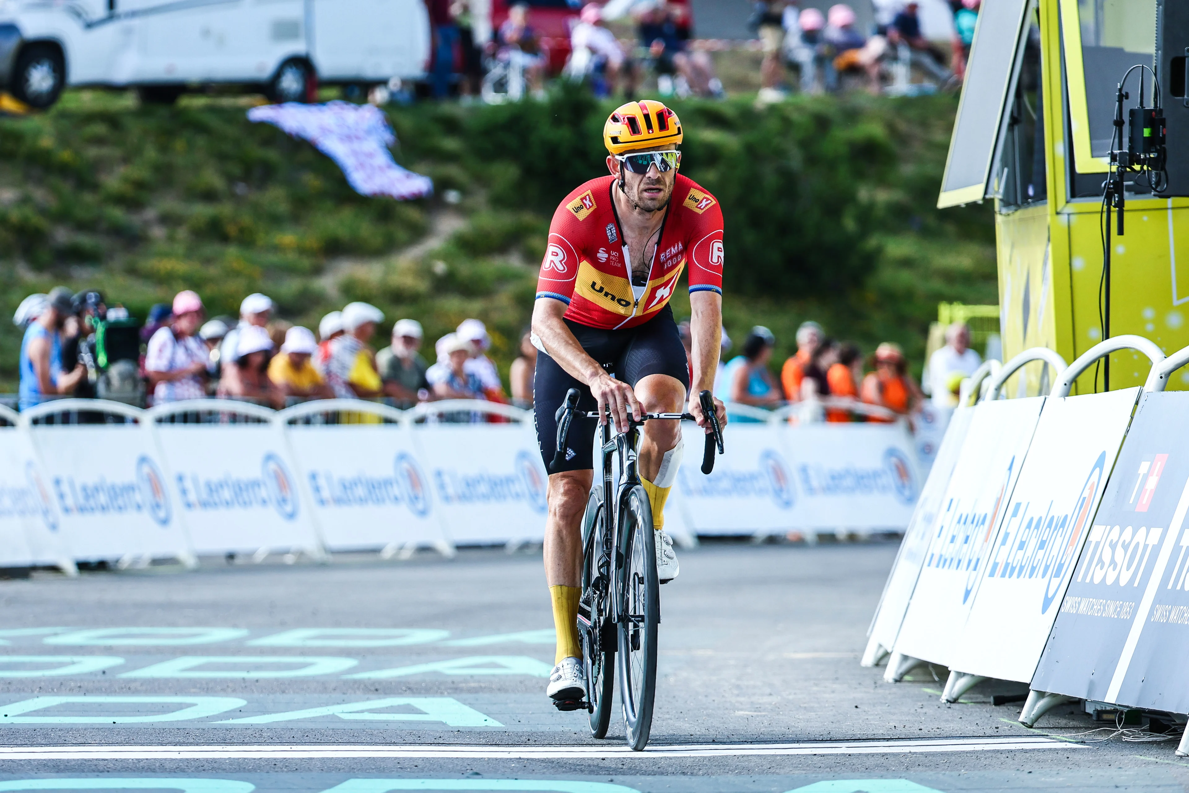 Norwegian Alexander Kristoff of Uno-X Mobility pictured as he crosses the finish line at stage 15 of the 2024 Tour de France cycling race, from Loudenvielle to Plateau de Beille, France (107,7 km), on Sunday 14 July 2024. The 111th edition of the Tour de France starts on Saturday 29 June and will finish in Nice, France on 21 July. BELGA PHOTO DAVID PINTENS