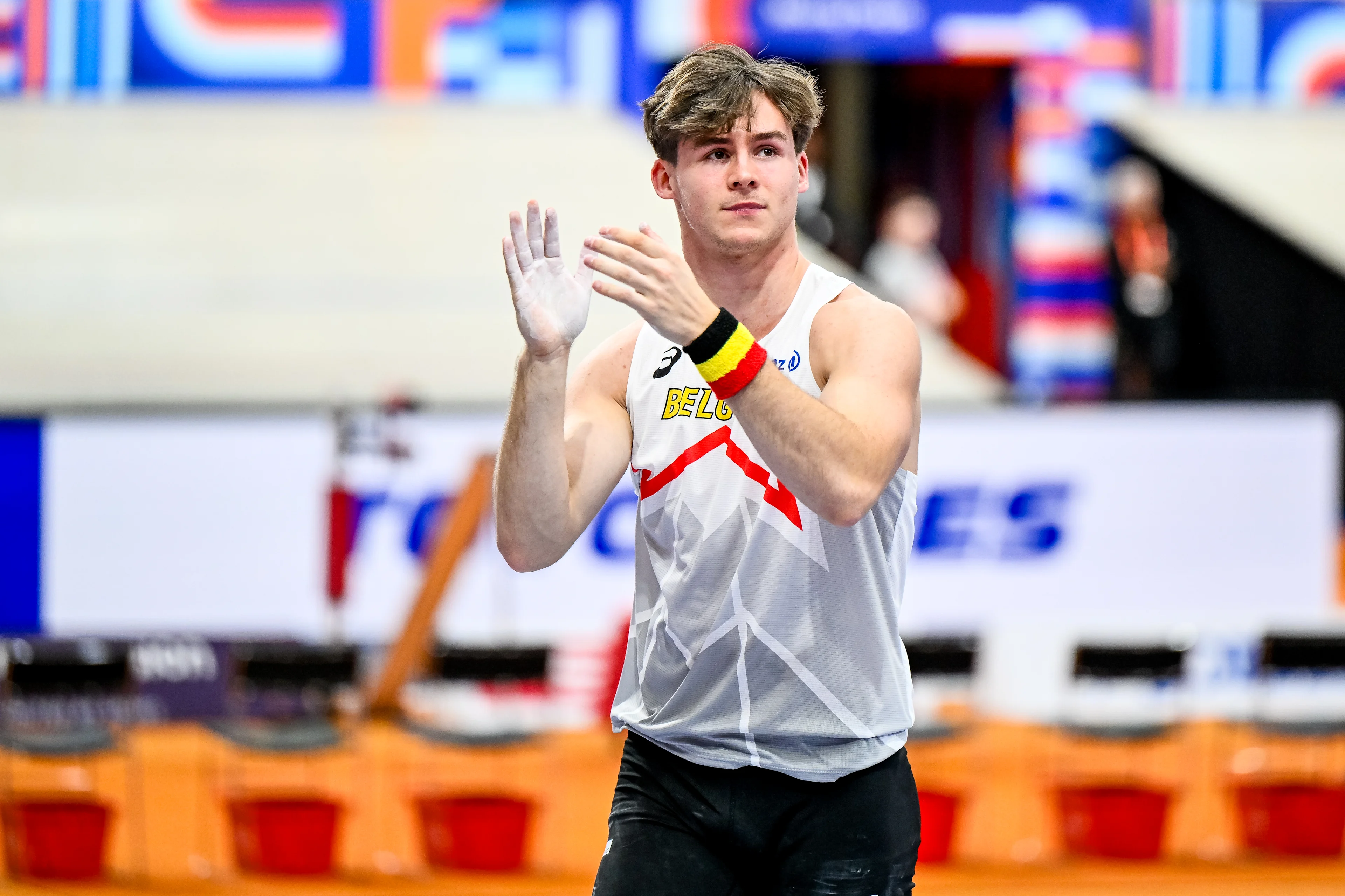 Belgian Jente Hauttekeete reacts during the European Athletics Indoor Championships, in Apeldoorn, The Netherlands, Saturday 08 March 2025. The championships take place from 6 to 9 March. BELGA PHOTO ERIC LALMAND