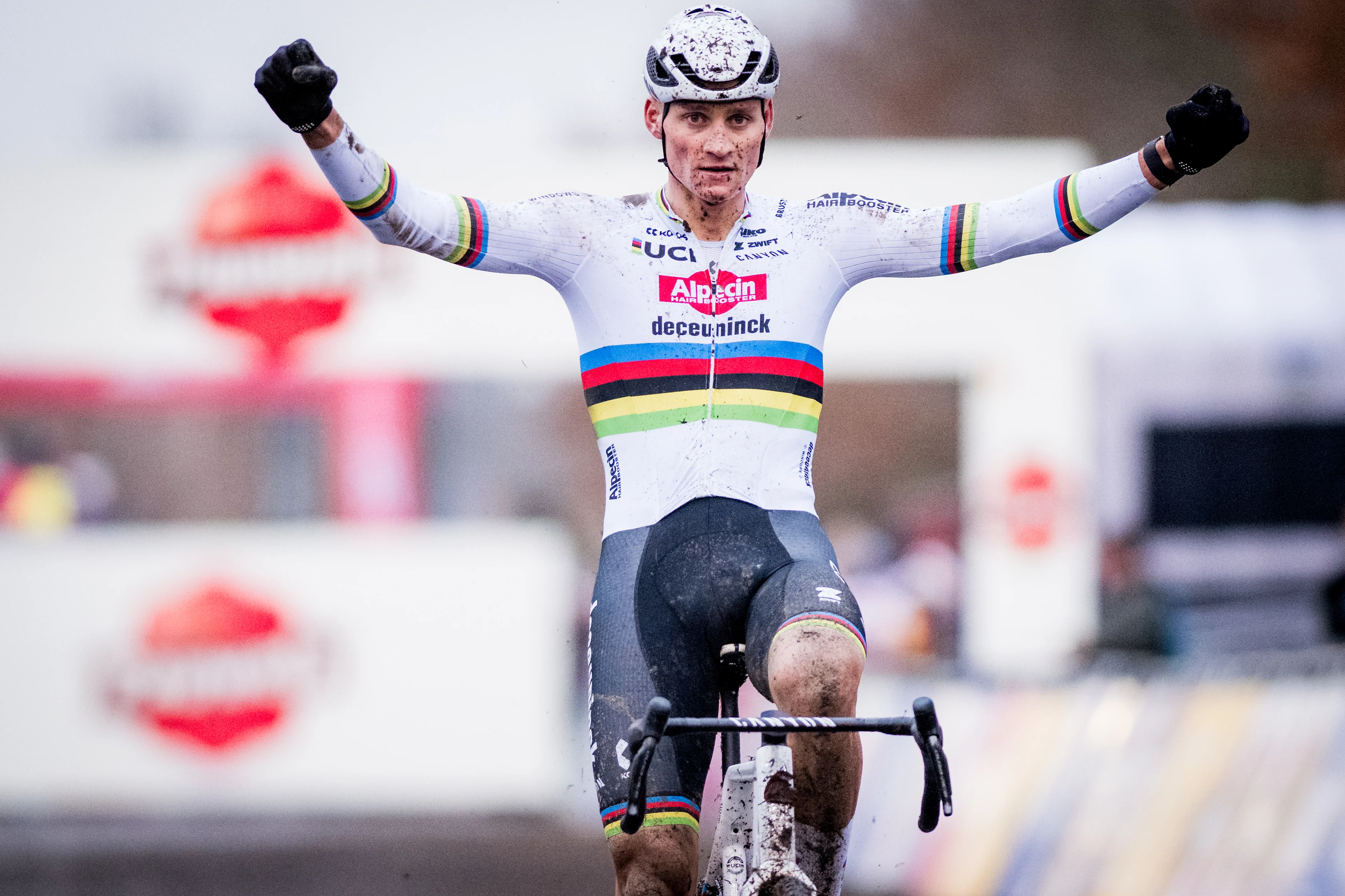 Dutch Mathieu Van Der Poel celebrates as he crosses the finish line to win the men's elite race of the World Cup cyclocross cycling event in Gavere on Thursday 26 December 2024, stage 7 (out of 12) of the UCI World Cup competition. BELGA PHOTO JASPER JACOBS