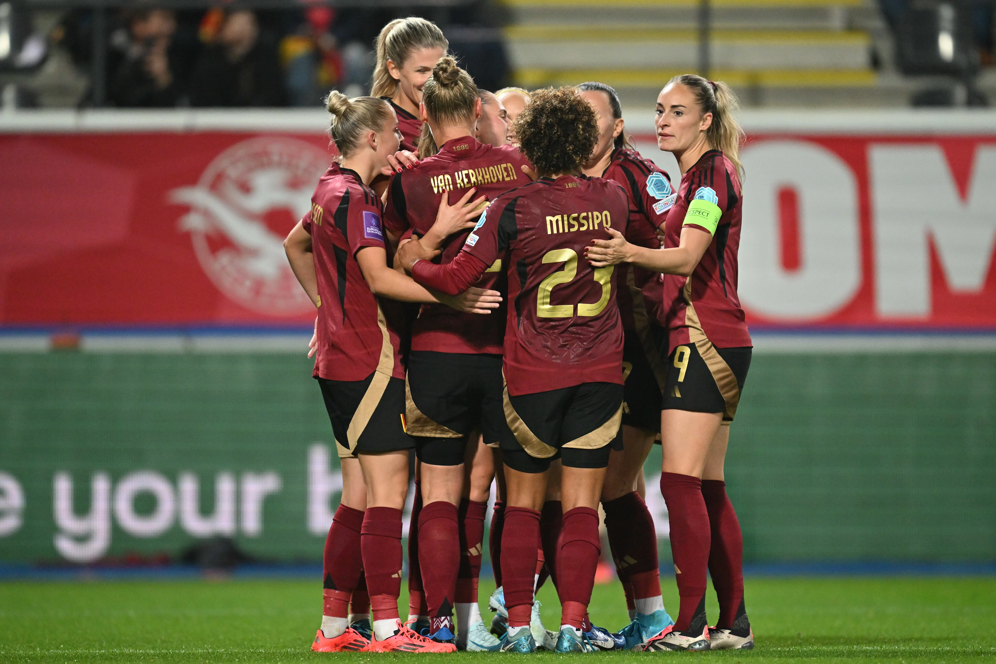 Belgium's Ella Van Kerkhoven celebrates with her teammates after scoring the 5-0 goal during a soccer game between Belgium's national team the Red Flames and Greece, Tuesday 29 October 2024 in Brussels, the second leg of the first round of qualifications group stage for the Euro 2025 Championship. BELGA PHOTO DAVID CATRY