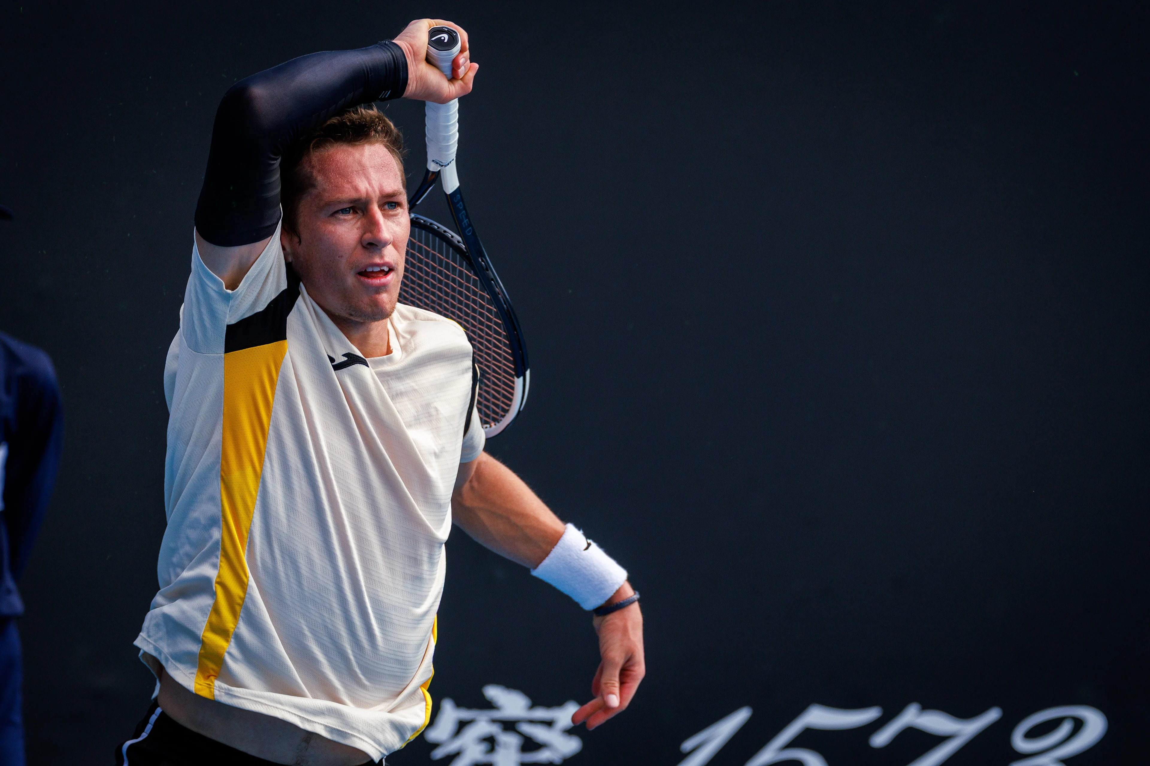 Belgium's Kimmer Coppejans pictured in action during a third round qualifying match in the men's singles against USA's Svajda at the Australian Open, Melbourne Park, Melbourne on Thursday 15 January 2026. BELGA PHOTO PATRICK HAMILTON --- BENELUX ONLY ---