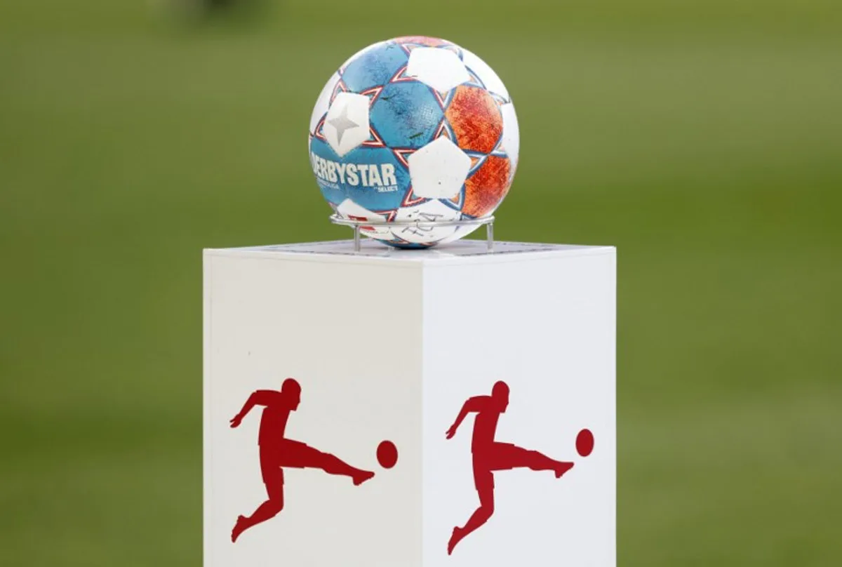 Bundesliga soccer ball is didplayed before the German first division Bundesliga football match between FC Augsburg and Borussia Dortmund in Augsburg, southern Germany, on February 27, 2022.    Michaela Rehle / AFP