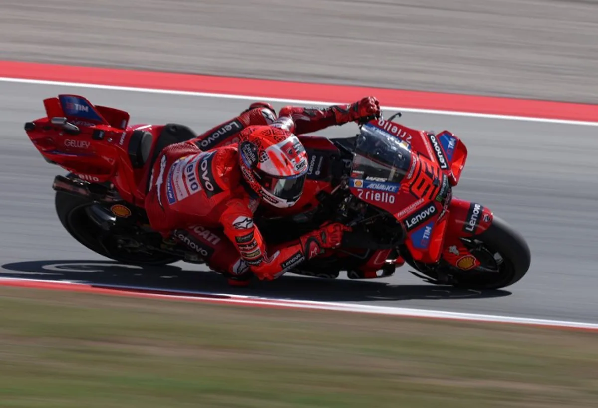 Ducati Lenovo Team's Spanish MotoGP rider Marc Marquez steers his bike during the MotoGP Sprint Race of the Moto Grand Prix of Catalonia at the Circuit de Catalunya on September 6, 2024 in Montmelo on the outskirts of Barcelona.  Lluis GENE / AFP