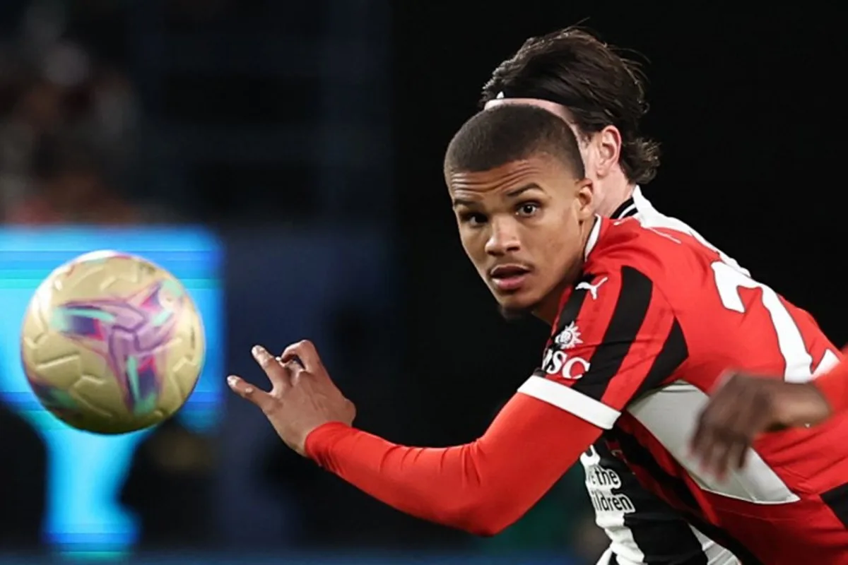 AC Milan's German defender #28 Malick Thiaw watches the ball while in a challenge during the Italian Super Cup semi-final football match between Juventus and AC Milan at the Al-Awwal Park in Riyadh on January 3, 2025. FADEL SENNA / AFP