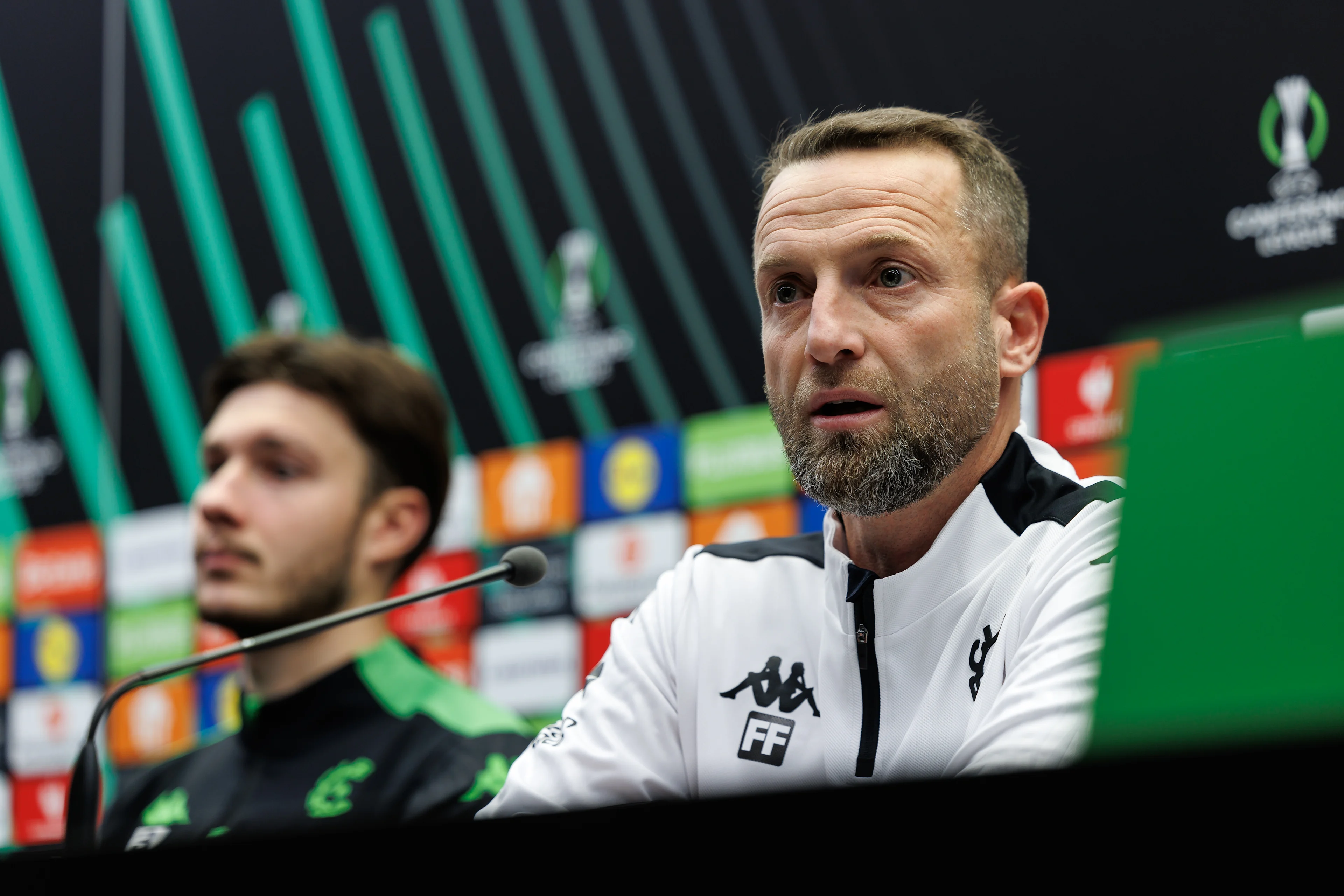 Cercle's Edgaras Utkus and Cercle's new head coach Ferdinand Feldhofer pictured during a press conference of Belgian soccer team Cercle Brugge KSV, Wednesday 18 December 2024 in Brugge. Tomorrow Cercle will play Turkish club Istanbul Basaksehir FK on the sixth and last day of the League phase of the UEFA Conference League. BELGA PHOTO KURT DESPLENTER