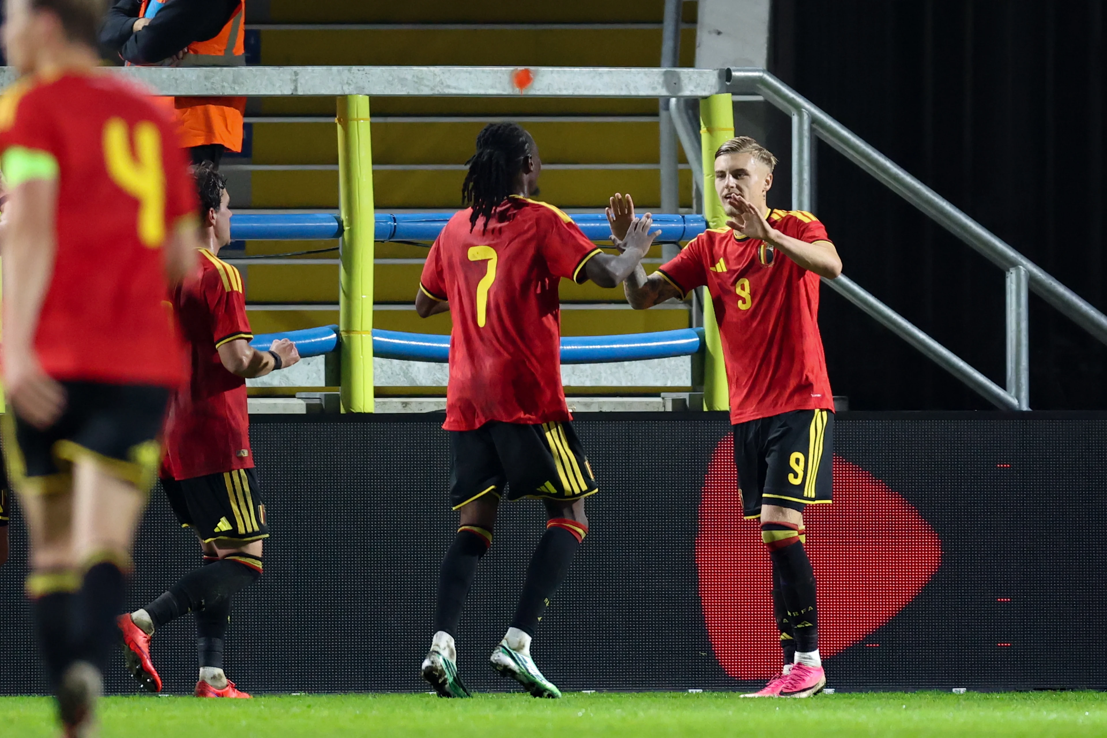Belgium's Norman Bassette celebrates after scoring during a soccer game between Belgium U21 and Belarus U21, Thursday 24 September 2026 in Westerlo, qualifier 6/8 for the 2027 European Championships. BELGA PHOTO BRUNO FAHY